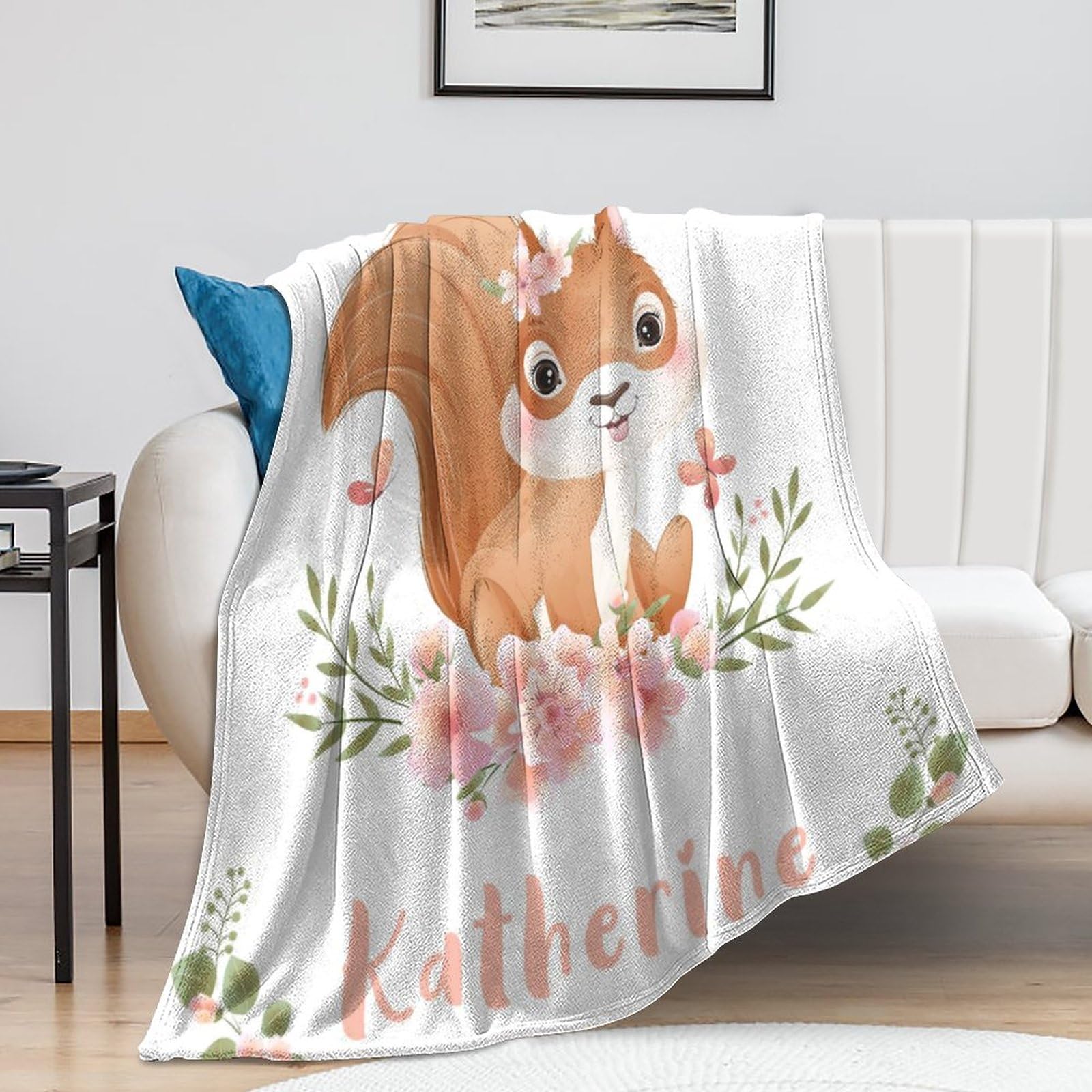 Personalized Baby Blanket for Girls - Custom Name Receiving Blanket with Squirrel Print - 50