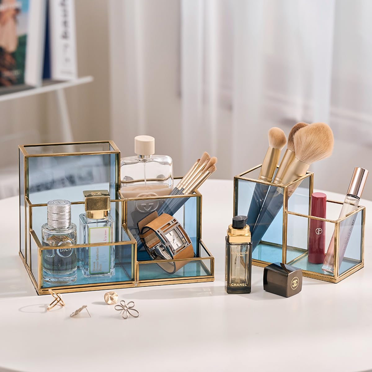 Elegant Gold & Blue Glass Desk Organizer - 2-Compartment Pen Holder, Makeup Brush & Pencil Cup for Office & Vanity | Stylish Cosmetic Storage & Desk Accessories for Women | Perfect for Home Office, Makeup Vanity & Workspace Organization