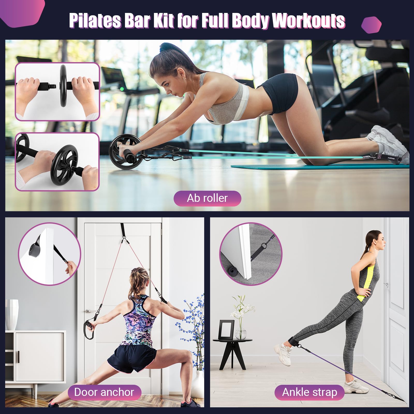 Pilates Bar Kit with Resistance Bands - Multifunctional Exercise Bar with Ab Roller for Pilates, Abs & Weight Loss - Portable Home Gym Equipment for Full Body Workout - Perfect for Women's Fitness & Home Training