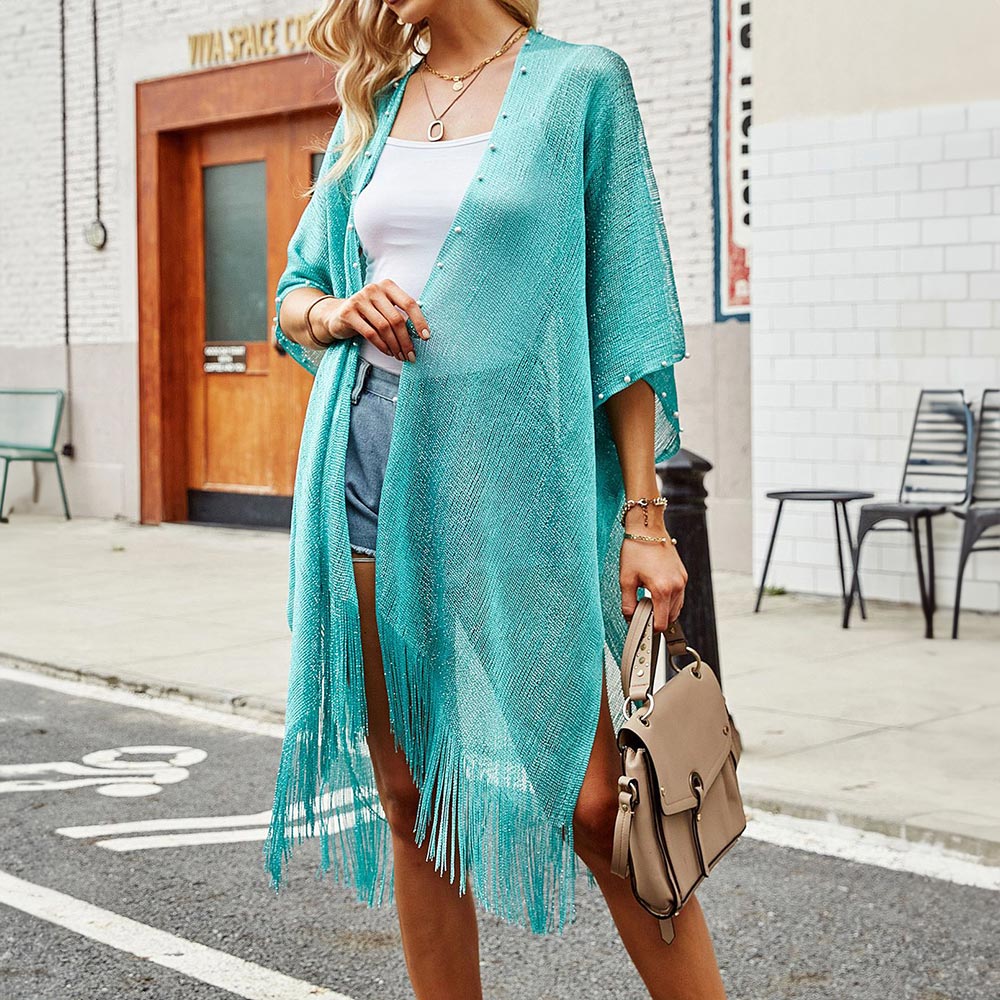 Elegant Teal Pearl Pointed Fringe Edge Kimono Poncho Shawl - Boho Chic Cover-Up for Beach, Festival & Evening Wear