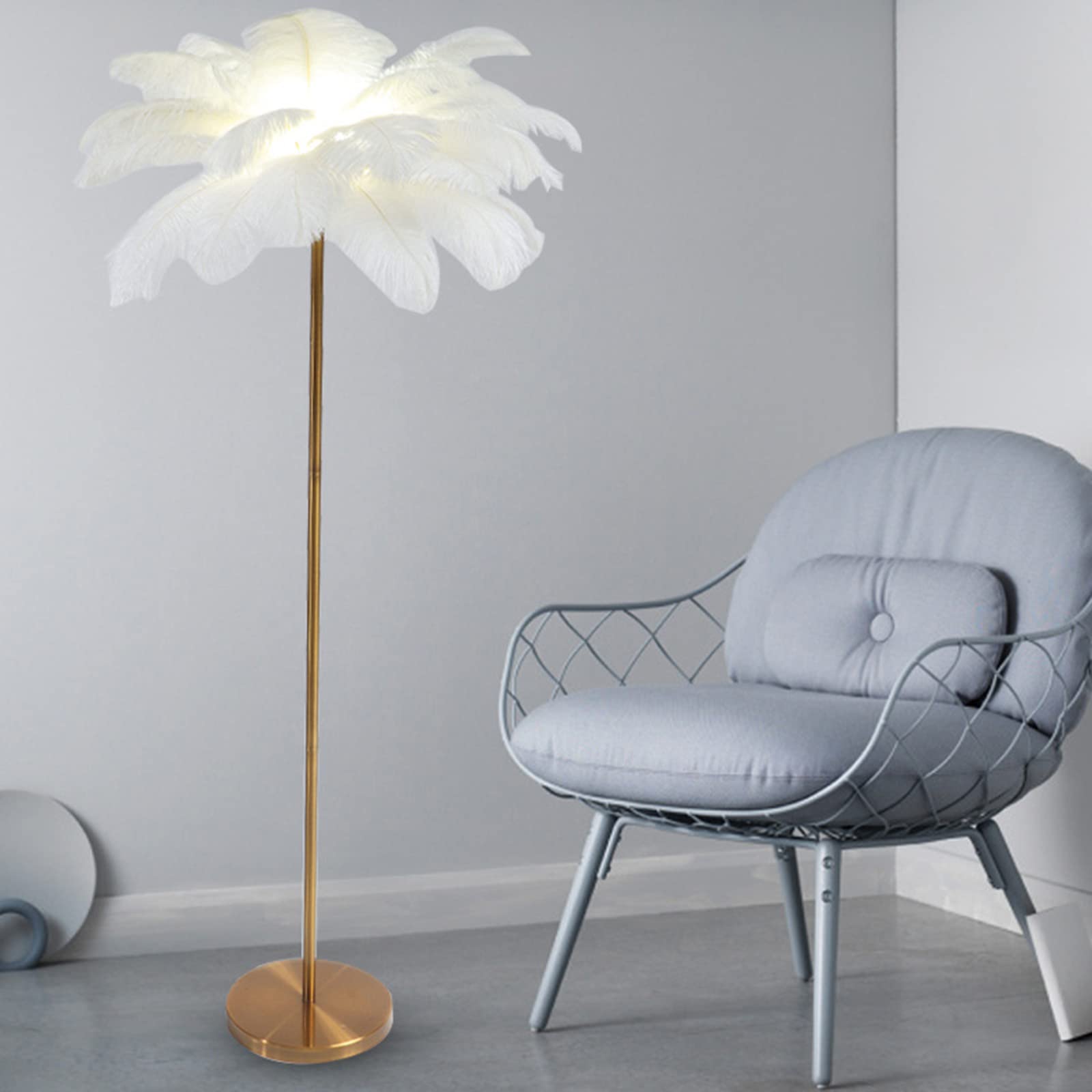 62.99? Natural Ostrich Feather Floor Lamp - Modern Standing Lamp with Golden Base & Dimmable G4-LED Bulb, Foot Switch for Bedroom & Living Room Decor | Perfect for Cozy Reading Nooks & Elegant Home Lighting (White)