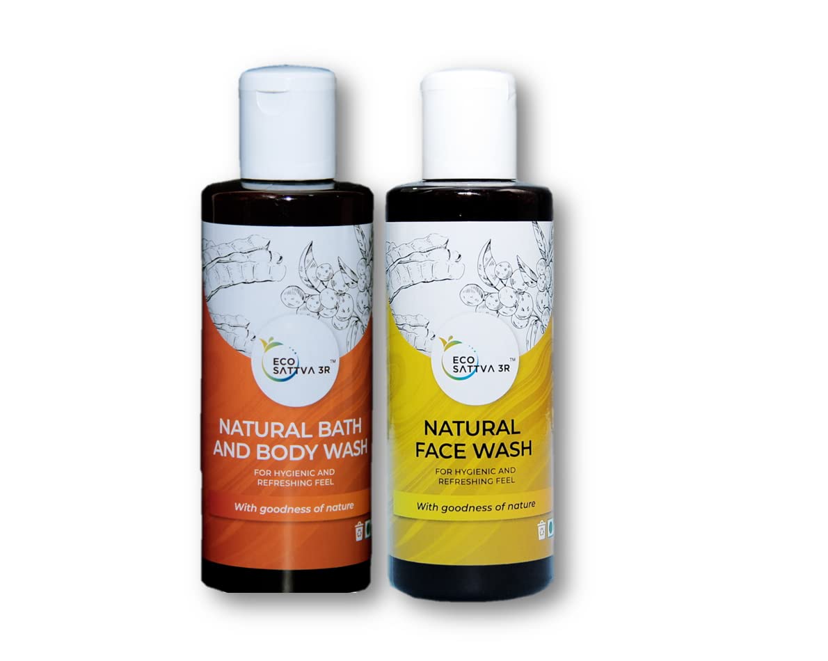 EcoSattva 3R-Natural Hair & Body Wash and Face Wash Combo (200ml Each) - Organic Plant-Based Formula for Sensitive Skin | Perfect for Travel, Gym & Daily Shower Routine