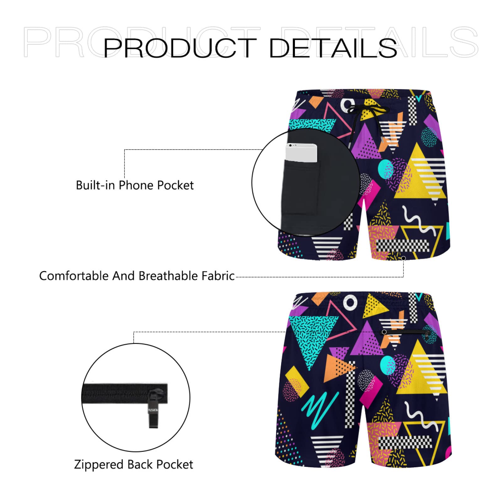 Men's Quick Dry Swim Trunks with Compression Liner - 80s 90s Retro Beach Shorts for Swimming, Surfing & Sports | Zipper Pocket & Breathable Fabric | Perfect for Pool, Vacation & Summer Activities