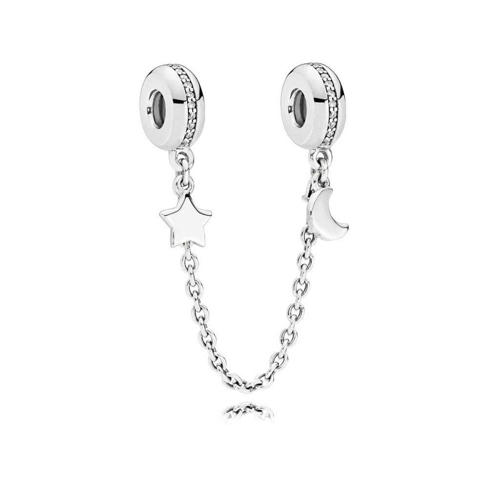 Mini Jewelry Moon Star Safety Link Chain Charm for Pandora Moments Bracelets - Sterling Silver Women's Bracelet - Perfect for Gifts, Parties & Everyday Wear