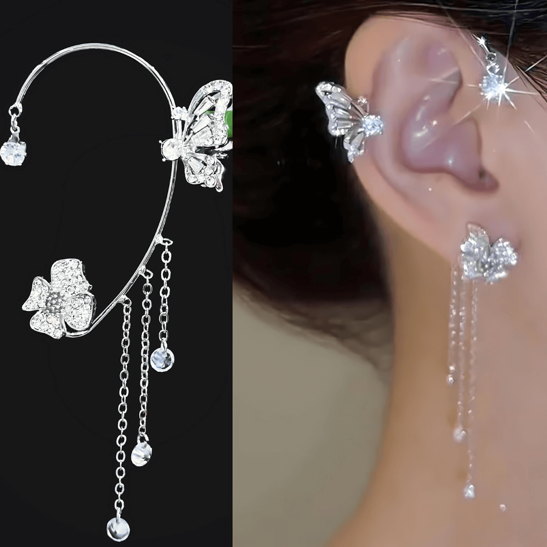 Non-Pierced Butterfly Tassel Elf Ear Clip Rose Wrap Climber Earrings for Women - Boho Festival Accessories | Perfect for Cosplay, Halloween Costumes & Fairy Themed Parties (Style A0148)