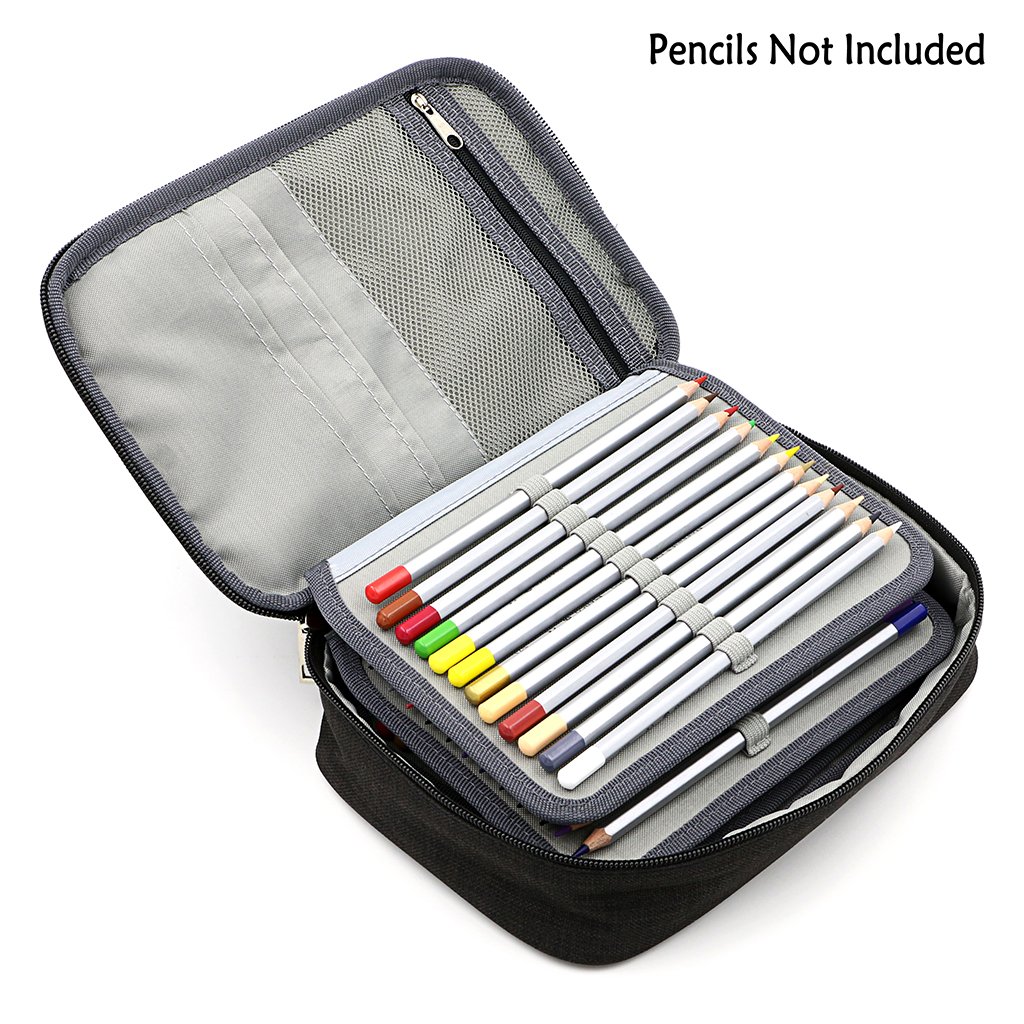 BTSKY Large Capacity Zipper Pencil Case with Pattern - Multifunctional Stationery Organizer Pouch with 36 Stretchy Slots Holds 72 Colored Pencils (Black) - Perfect for School, Office & Art Supplies Storage