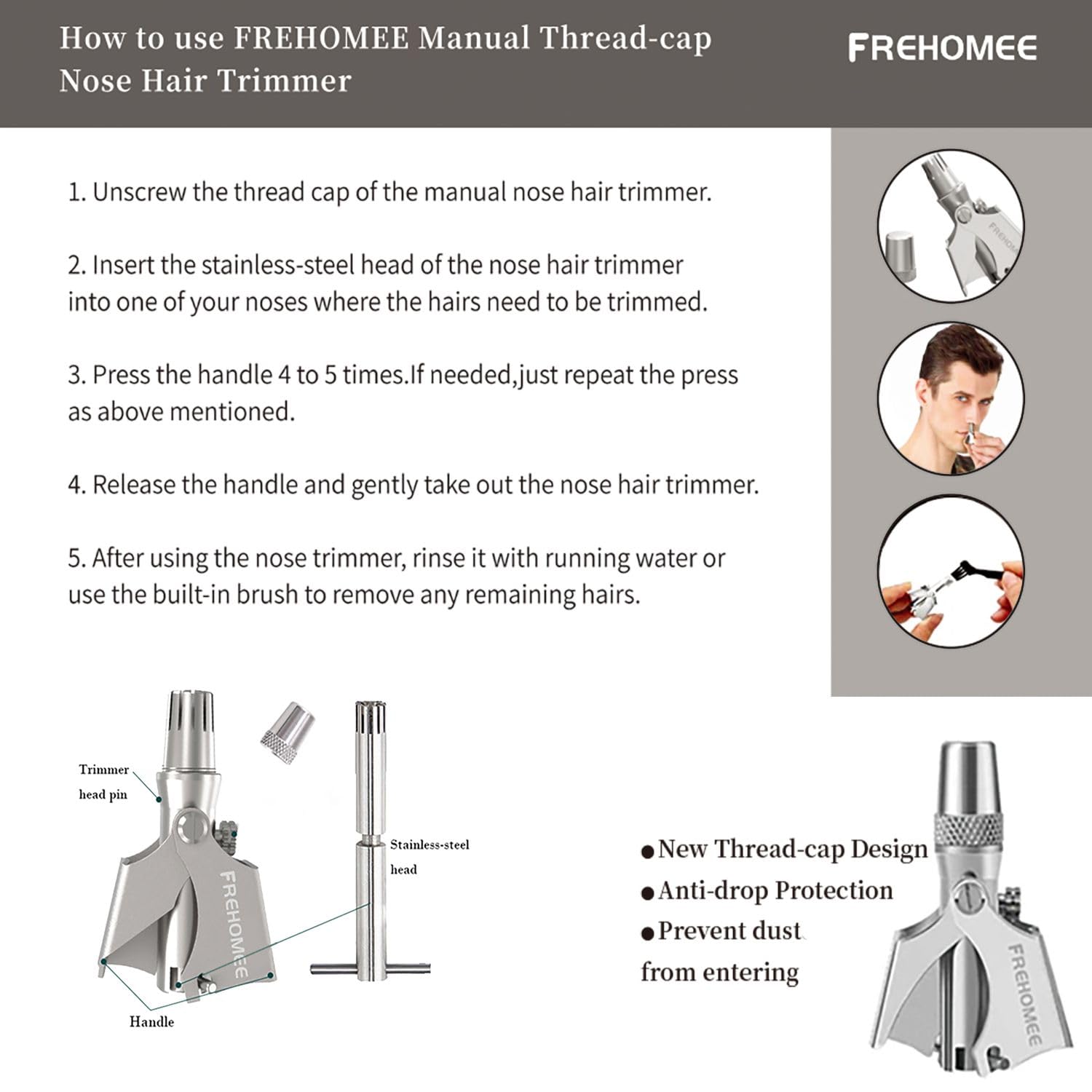 Premium Stainless Steel Manual Nose Hair Trimmer for Men & Women - Battery-Free Ear, Mustache & Whiskers Grooming Tool with Brush & Waterproof Design (Includes Premium Cap) | Perfect for Travel, Home & Personal Care Routine