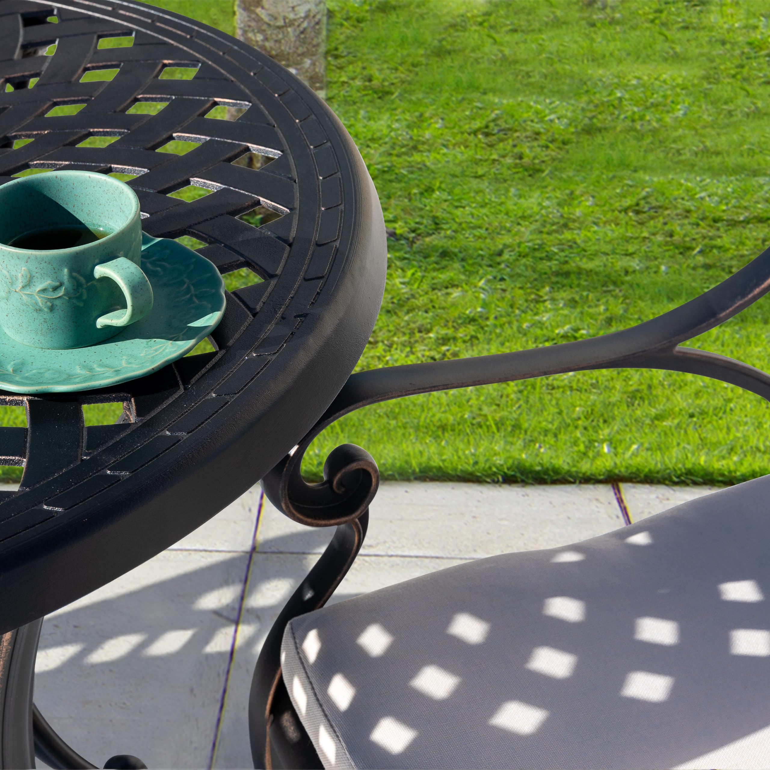 NUU GARDEN 3-Piece Outdoor Bistro Set - Rustproof Cast Aluminum Patio Table & Chairs with Umbrella Hole & Beige Cushions - Perfect for Backyard, Balcony, Front Porch, Garden or Poolside Dining - Black