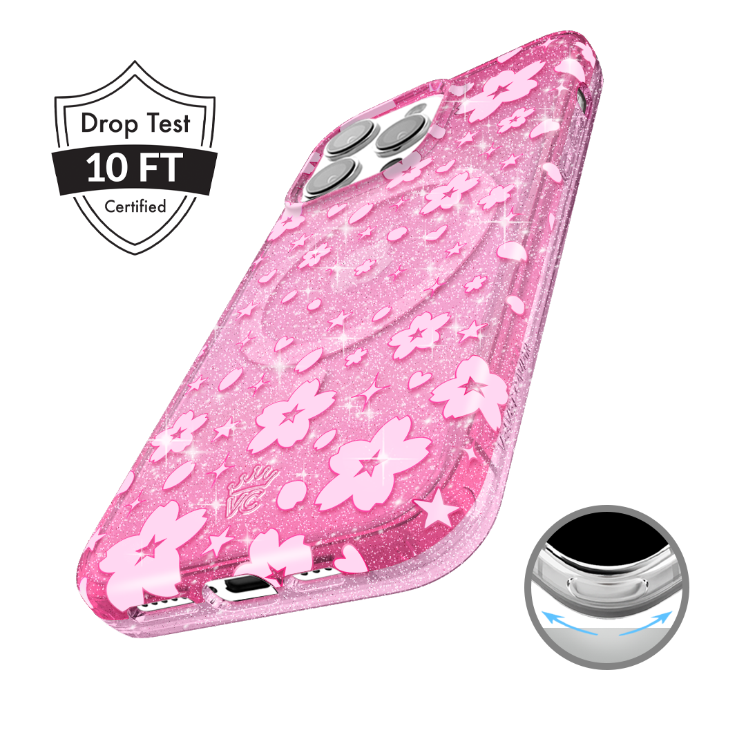 Pink Cherry Blossom Glitter iPhone Case - Cute Floral Design Shockproof Phone Cover for iPhone 14/13/12/11 Pro Max - Perfect for Spring Outfits & Gift Giving