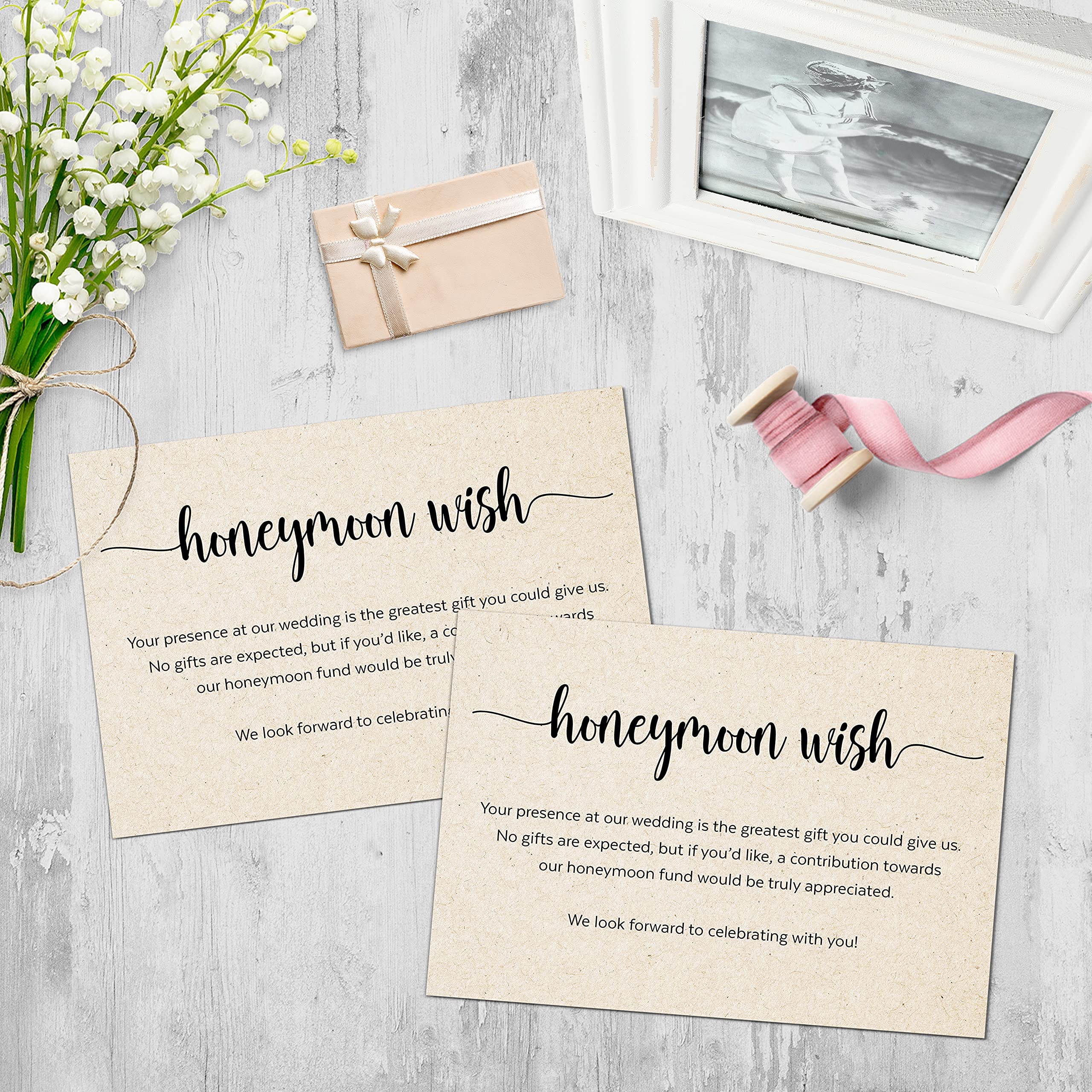321Done Honeymoon Fund Wish Cards - Set of 50 Rustic Kraft Wedding Enclosure Cards (3.5x5 Inches) | No Gifts Requested | Made in USA | Perfect for Wedding Invitations, Bridal Showers & Wishing Wells