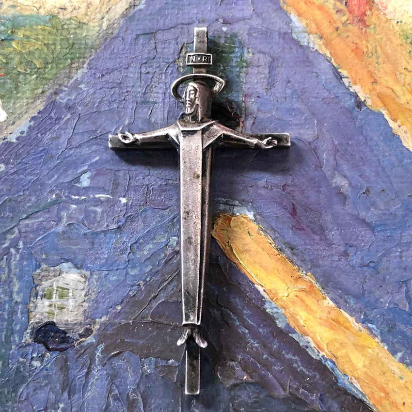 Vintage Modernist Large Sterling Silver Crucifix Pendant Necklace - Religious Jewelry for Men & Women - Perfect for Church, Baptism, First Communion & Everyday Wear