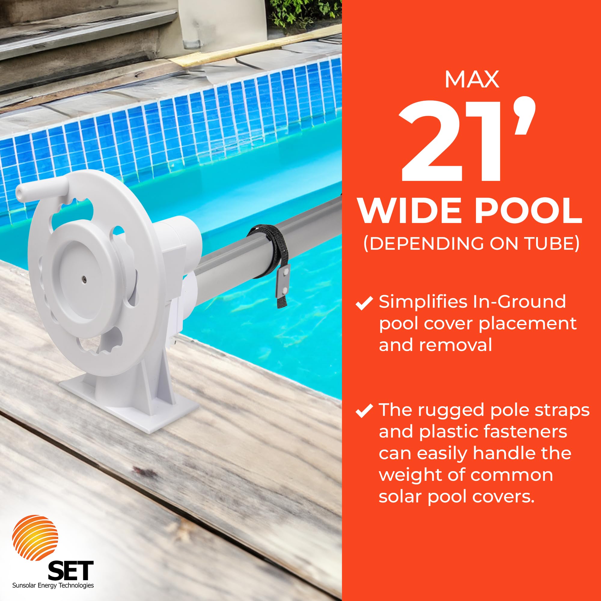SunSolar Solar Cover Reel Kit for In-Ground Pools - Heavy Duty Plastic Wheel Cranks for Easy Pool Cover Rolling - Includes Straps & Clamps - Fits 3-Inch Pole (Pole Not Included) - Perfect for Backyard, Residential & Commercial Pool Maintenance