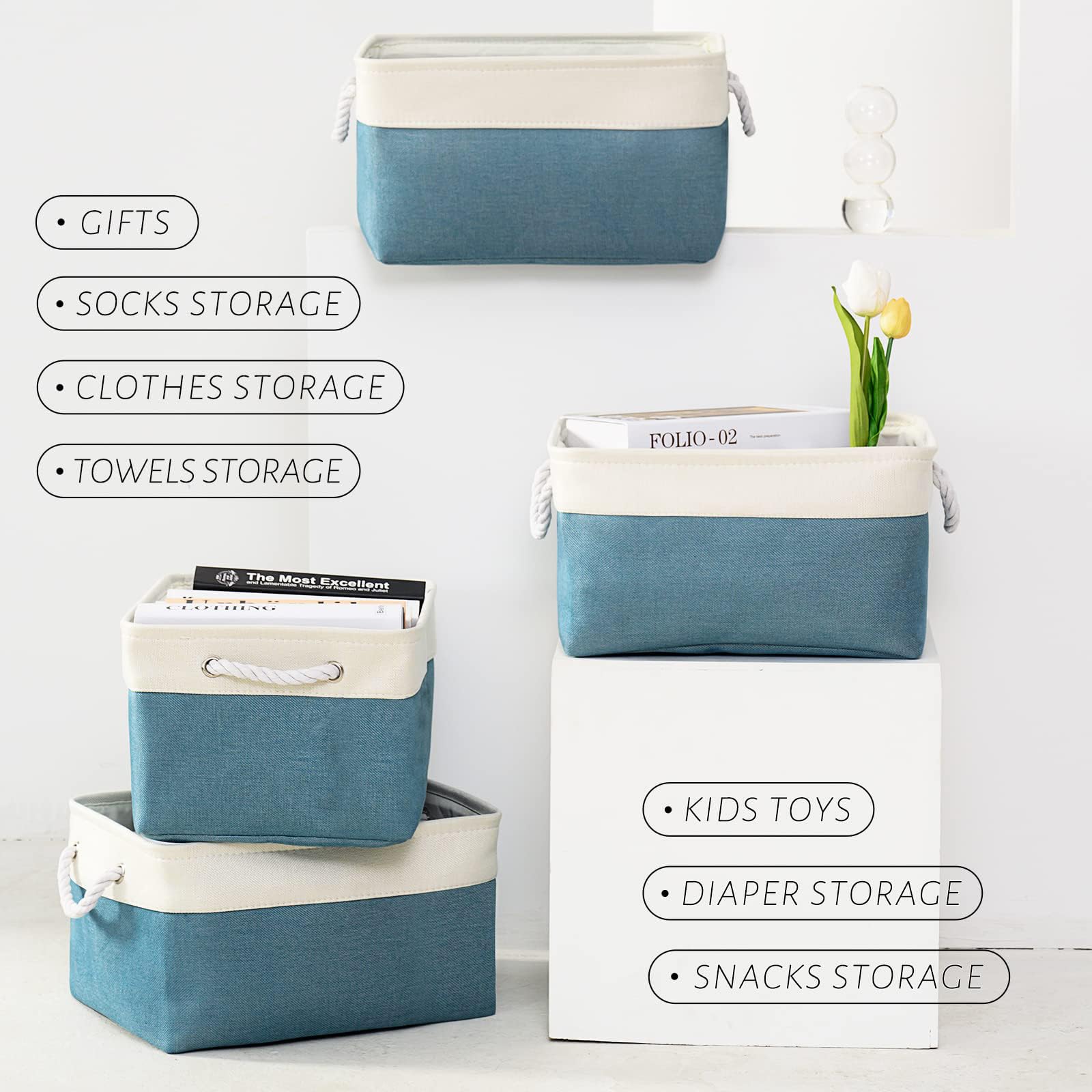 TcaFmac 4-Pack Large Fabric Storage Bins & Collapsible Baskets with Rope Handles - 16x12x8 Inch Organizer for Shelves, Closet, Toys (White & Green) | Perfect for Home Organization, Nursery, and Office Storage