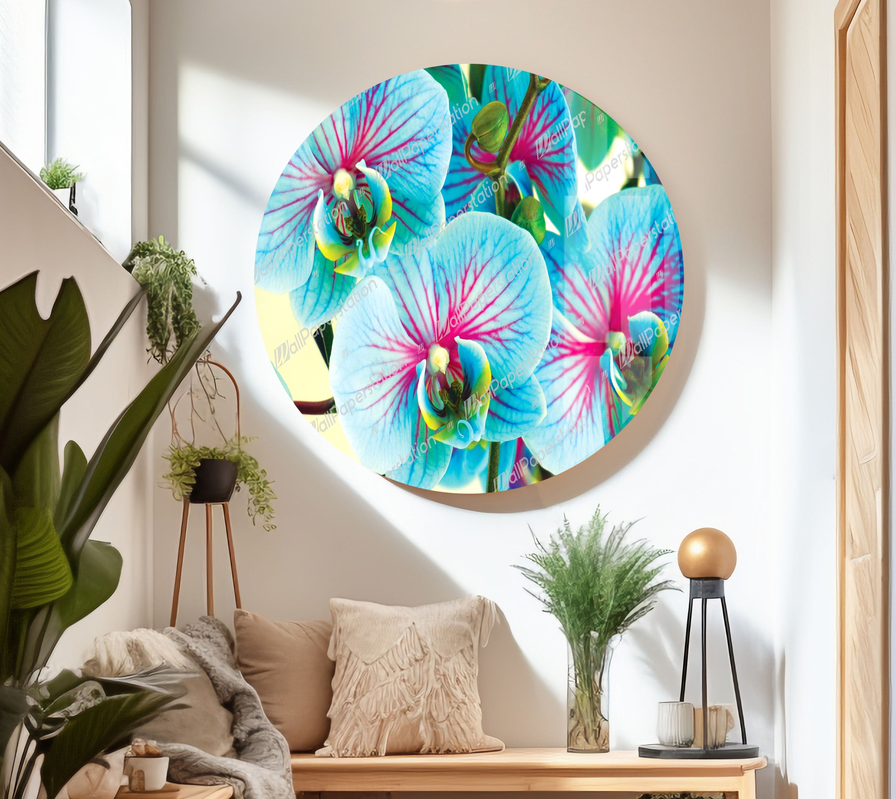Blue & Pink Orchids Glass Wall Art - Elegant Floral Decor for Living Room, Bedroom & Office