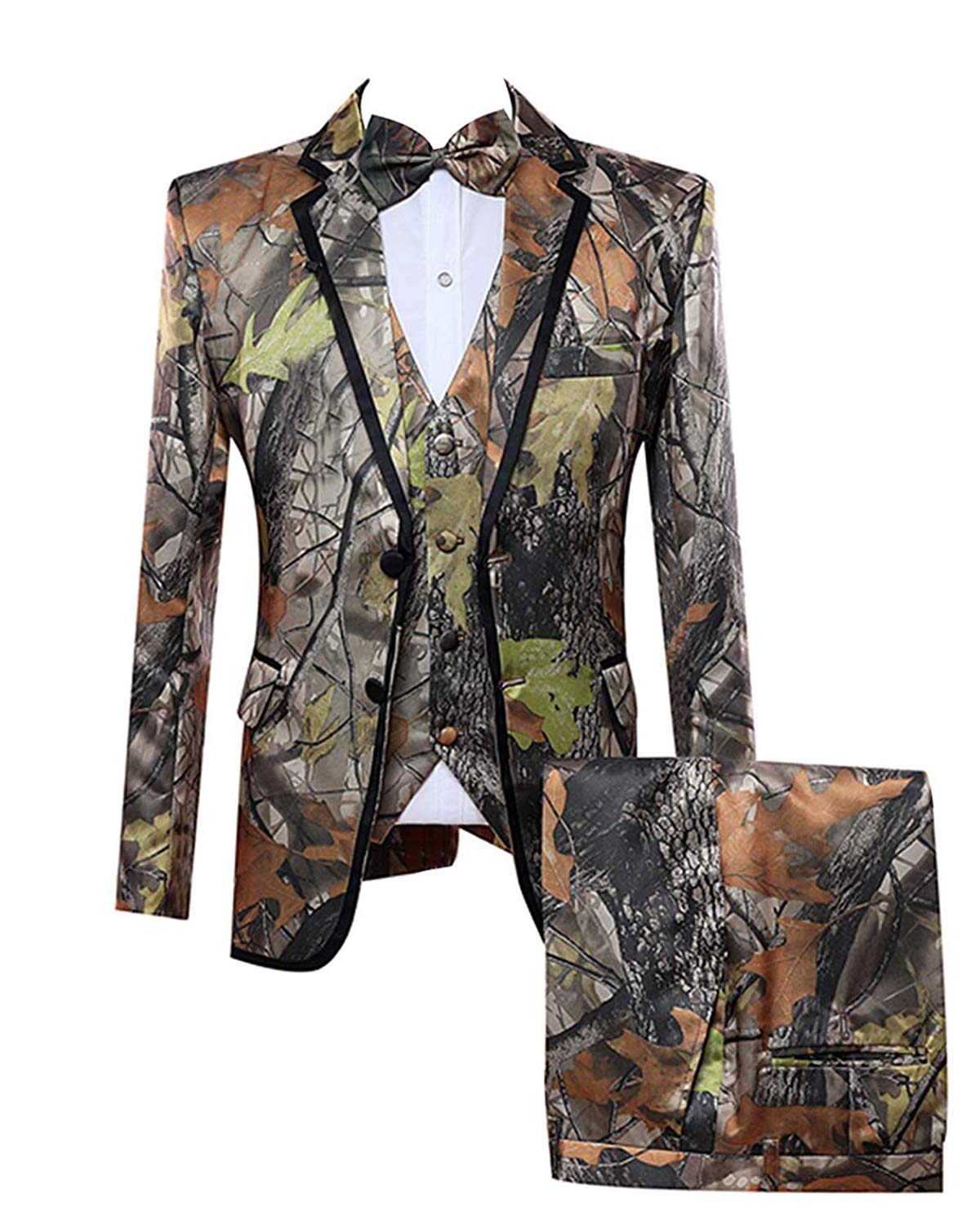 Wemaliyzd Men's 3-Piece Camouflage Suit Set - Notch Lapel Jacket, V-Neck Waistcoat & Pants | Formal Wear, Military Style Outfit for Weddings, Parties & Special Occasions