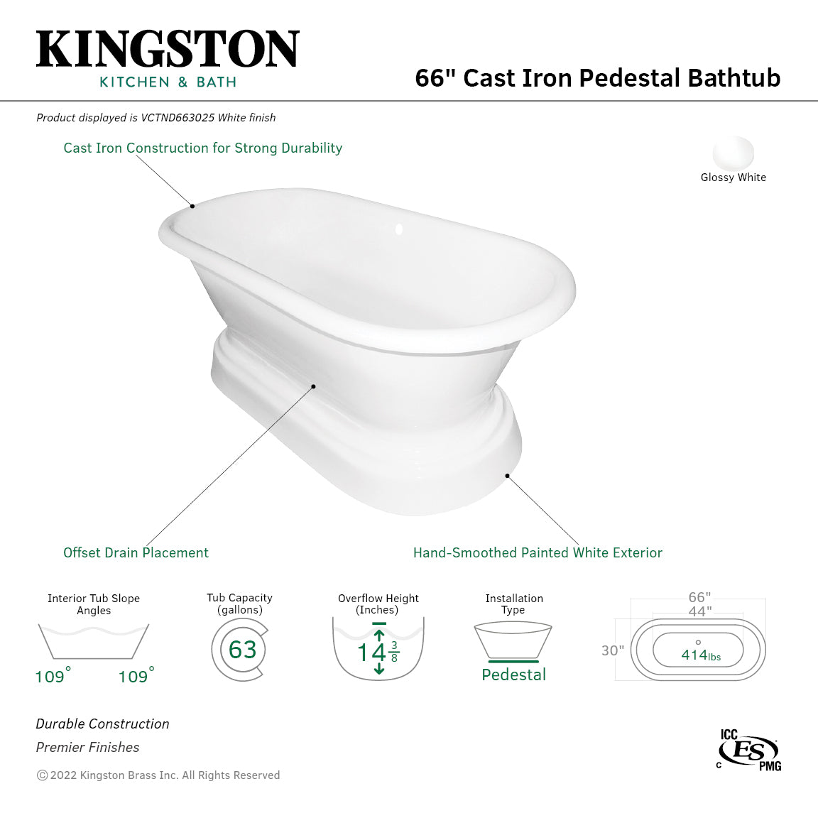 Aqua Eden 66-Inch White Cast Iron Oval Double-Ended Pedestal Bathtub (No Faucet Drillings) - Luxurious Freestanding Soaking Tub for Spa-Like Bathroom Relaxation