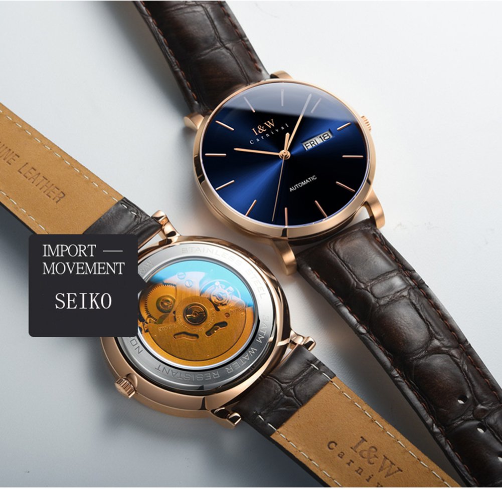MASTOP Ultra-Thin Automatic Mechanical Watch for Men - Sapphire Crystal Glass, Date Display, Waterproof, Genuine Brown Leather Strap - Perfect for Business, Formal Occasions & Everyday Wear
