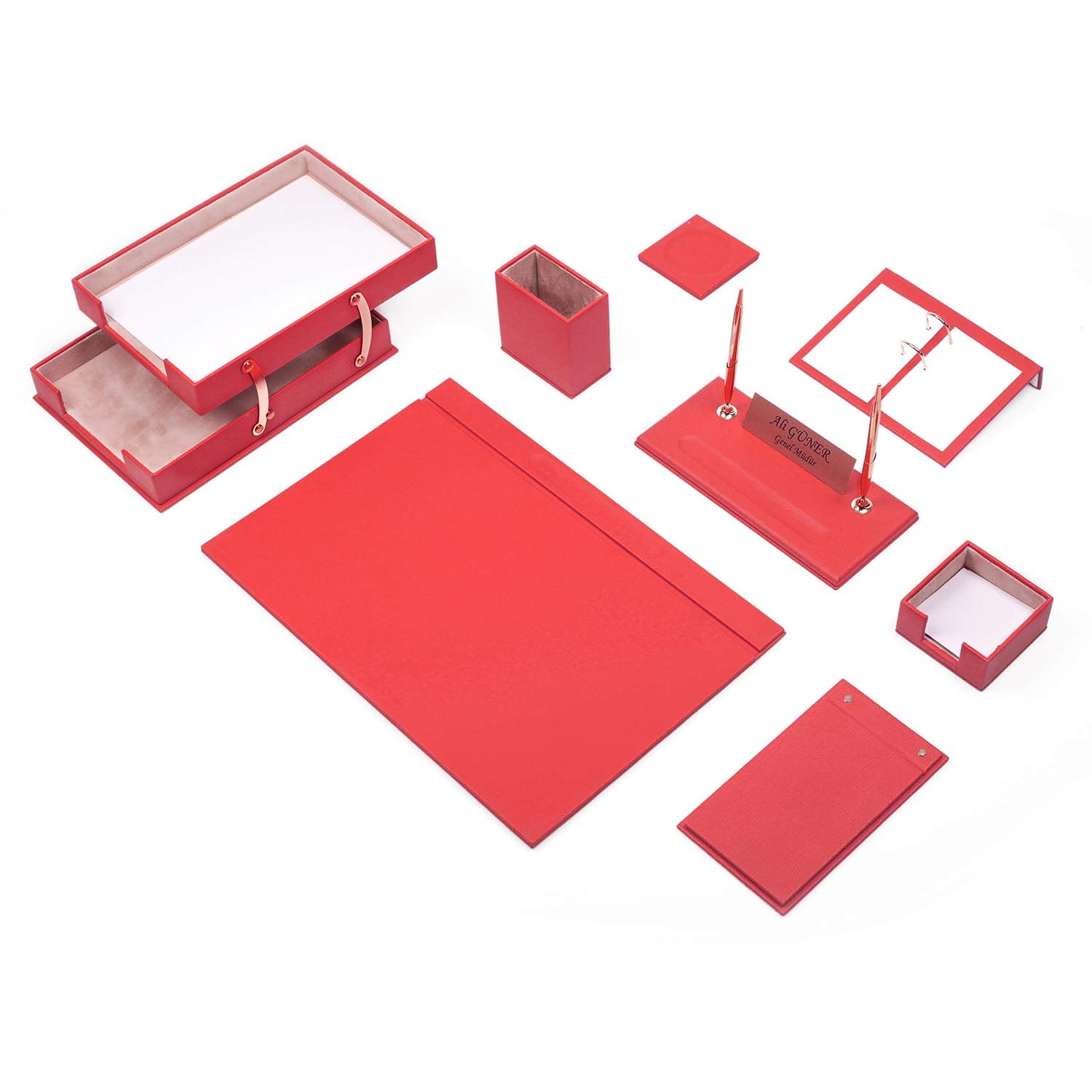 Premium 10-Piece Leather Desk Set with Double Document Tray - Elegant Desk Organizer in Red | Perfect for Office, Home Study & Professional Workspace Organization