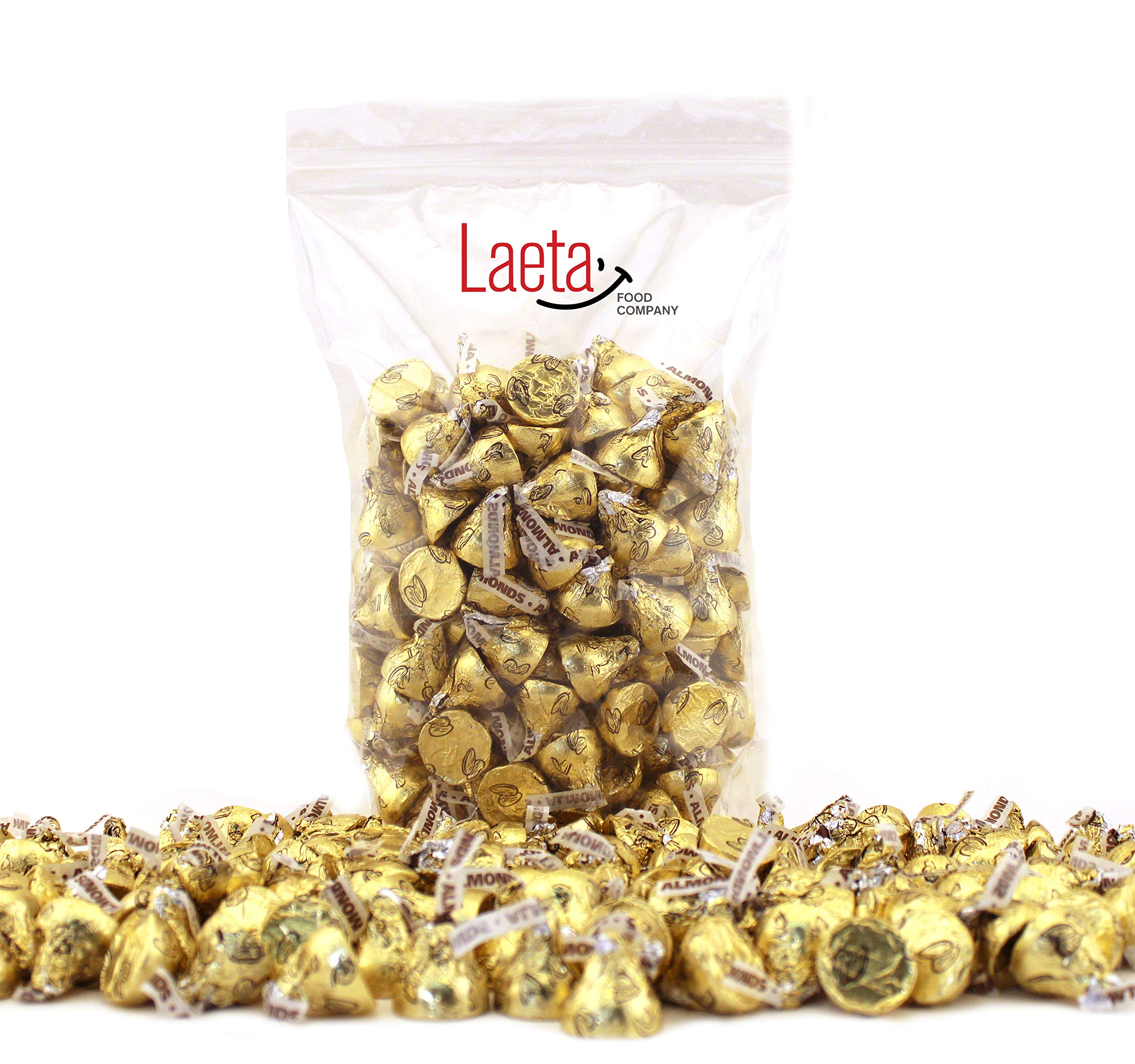 LaetaFood KISSES Milk Chocolate with Almond Candy - 2 Pound Bulk Bag of Gold Foil Wrapped Chocolates - Perfect for Valentine's Day Gifts, Party Favors & Holiday Treats