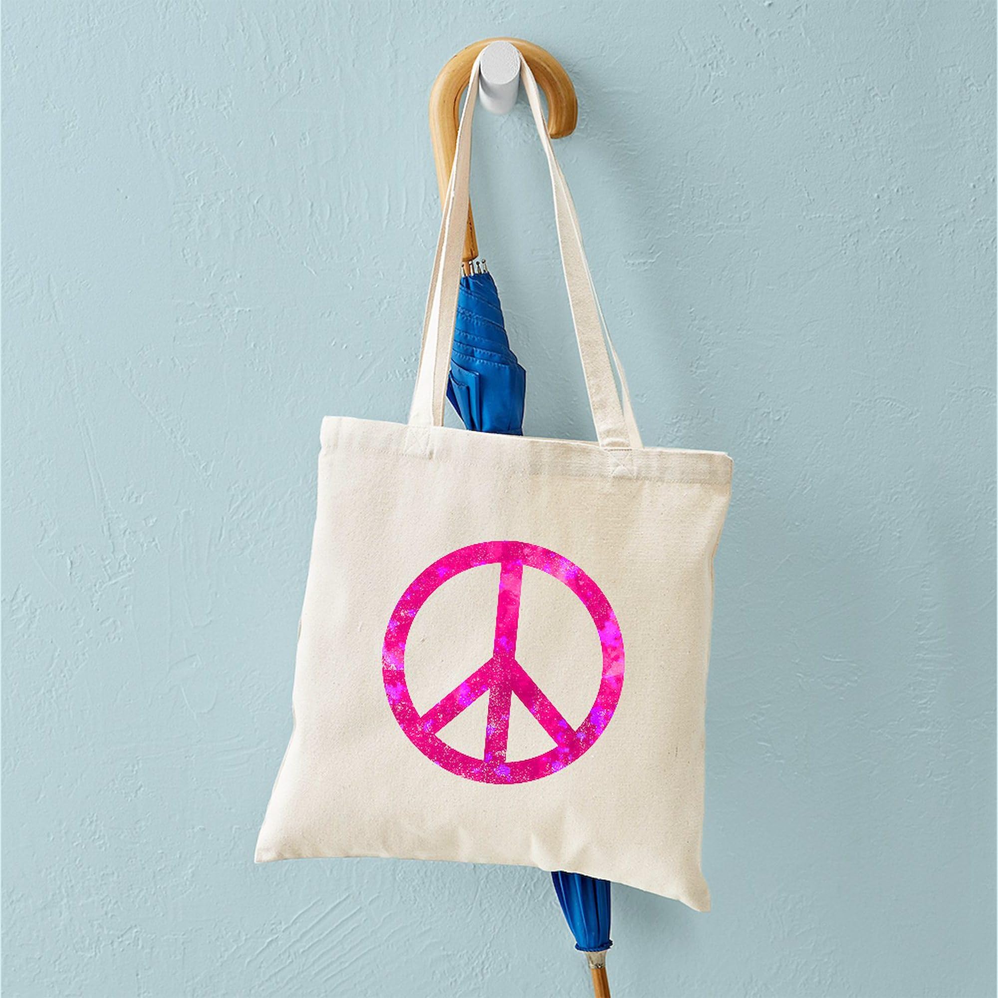 Distressed Pink Peace Sign Tote Bag - Natural Canvas Reusable Shopping Bag for Women | Eco-Friendly Grocery Tote, Beach Bag & Everyday Carry