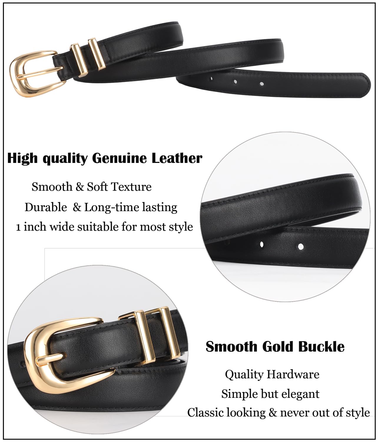 ALAIX Women's Fashion Leather Belt - Adjustable Black Genuine Leather Belt with Gold/Silver Buckle for Jeans, Pants & Dresses | Perfect for Casual, Office & Evening Outfits