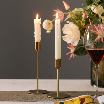 2-Piece Gold Brass Candlestick Holders Set - Modern Taper Candle Holders for Table Decor, Wedding Centerpieces & Holiday Dining (Small + Large Size)