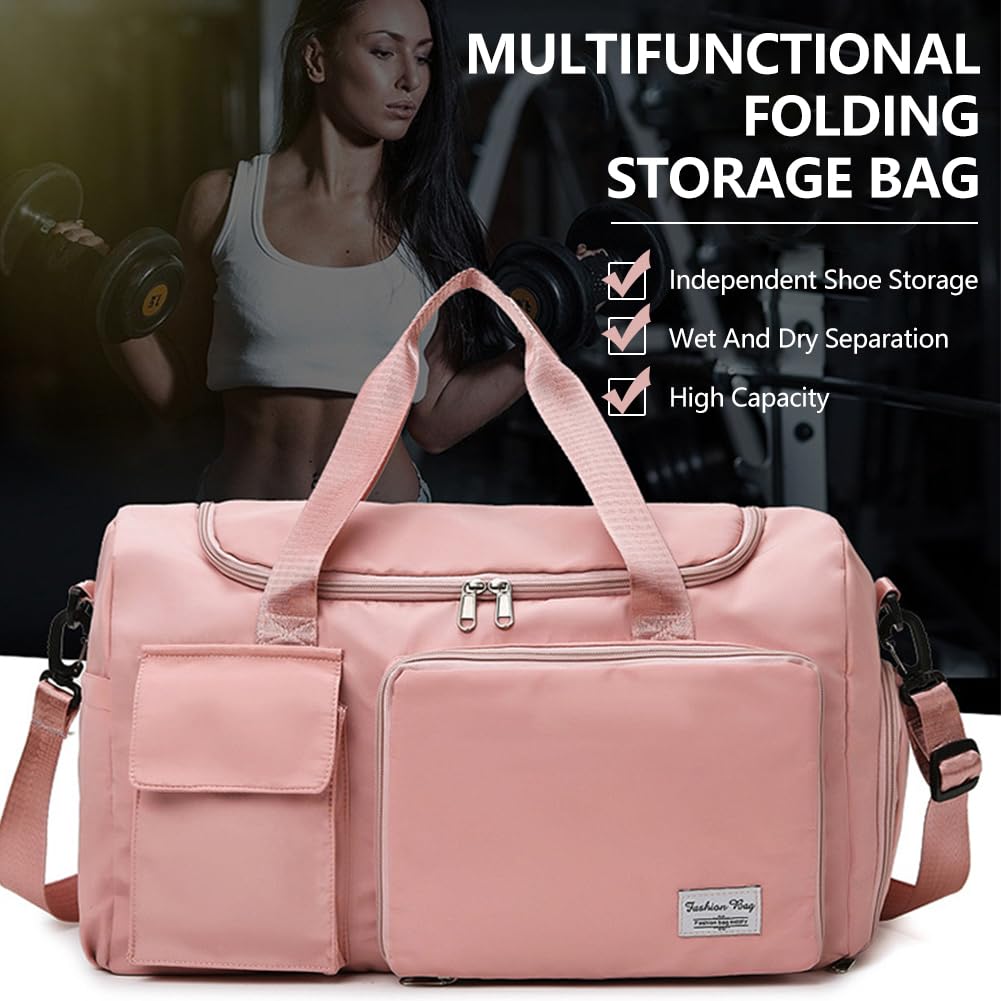 Foldable Travel Duffel Bag - Large Capacity Gym Bag with Shoe Compartment & Wet Pocket | Waterproof Sports Bag for Fitness, Training, Weekend Trips & Travel | Perfect for Gym, Yoga, Beach & Outdoor Activities (Pink)