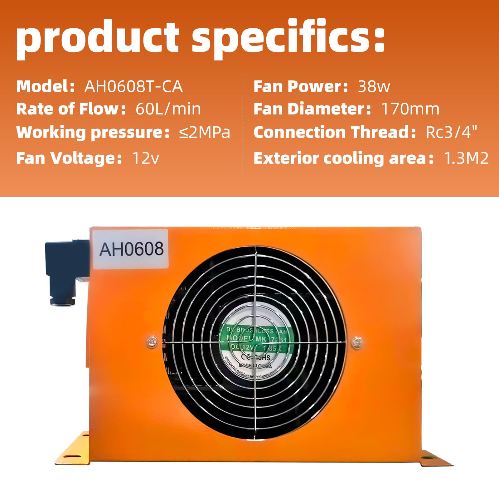 AH0608T-CA Hydraulic Air Cooler - 12V DC 38W Oil Cooling Fan with 60L/min Flow Rate - Heavy Duty Cooling Machine for Industrial Tools & Equipment - Perfect for CNC Machines, Hydraulic Systems & Power Tools