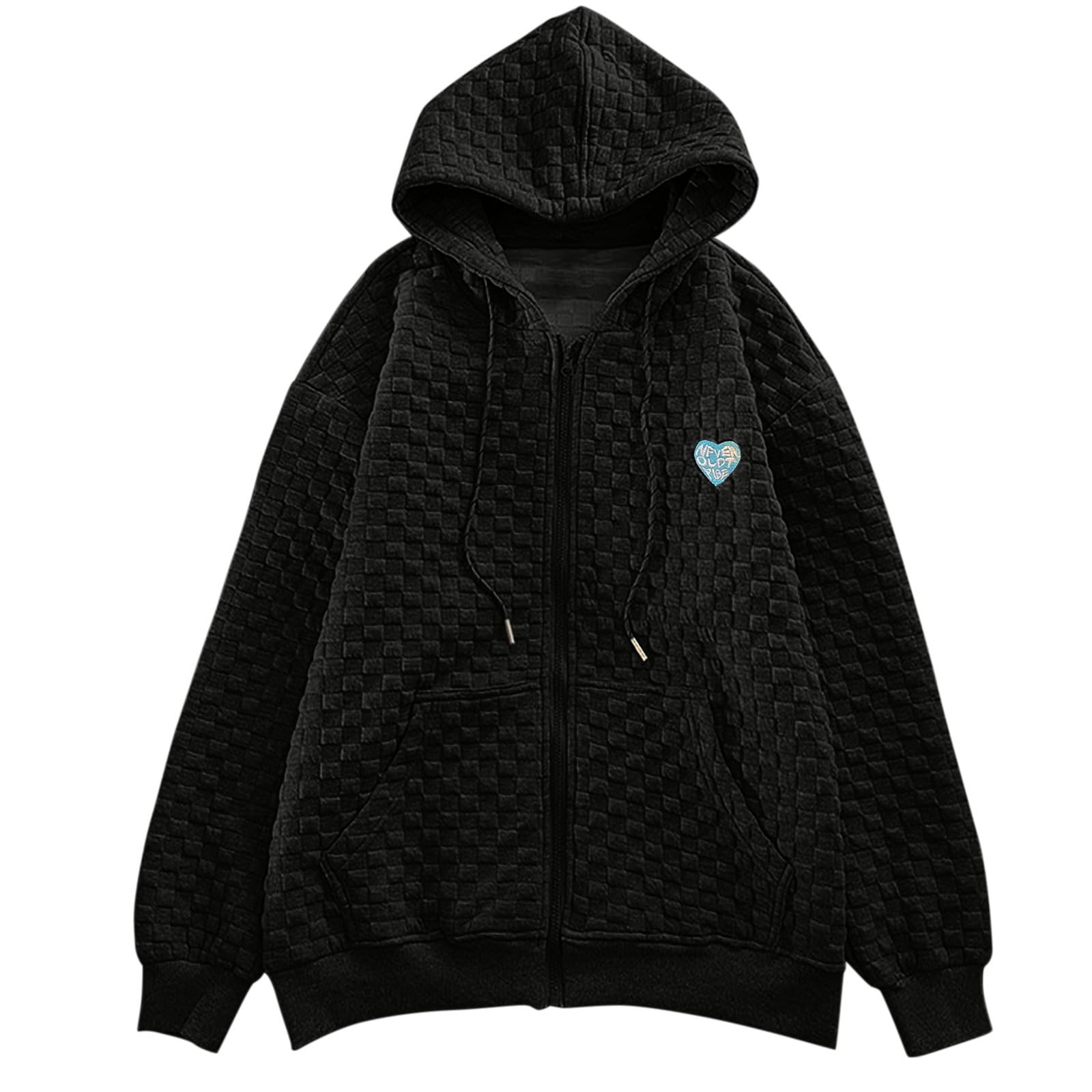 Trendy Women's Waffle Drawstring Hoodie - Baggy Oversized Pullover with Heart Embroidery & Zipper Detail | Long Sleeve Casual Sweatshirt for Streetwear, Loungewear & Winter Fashion
