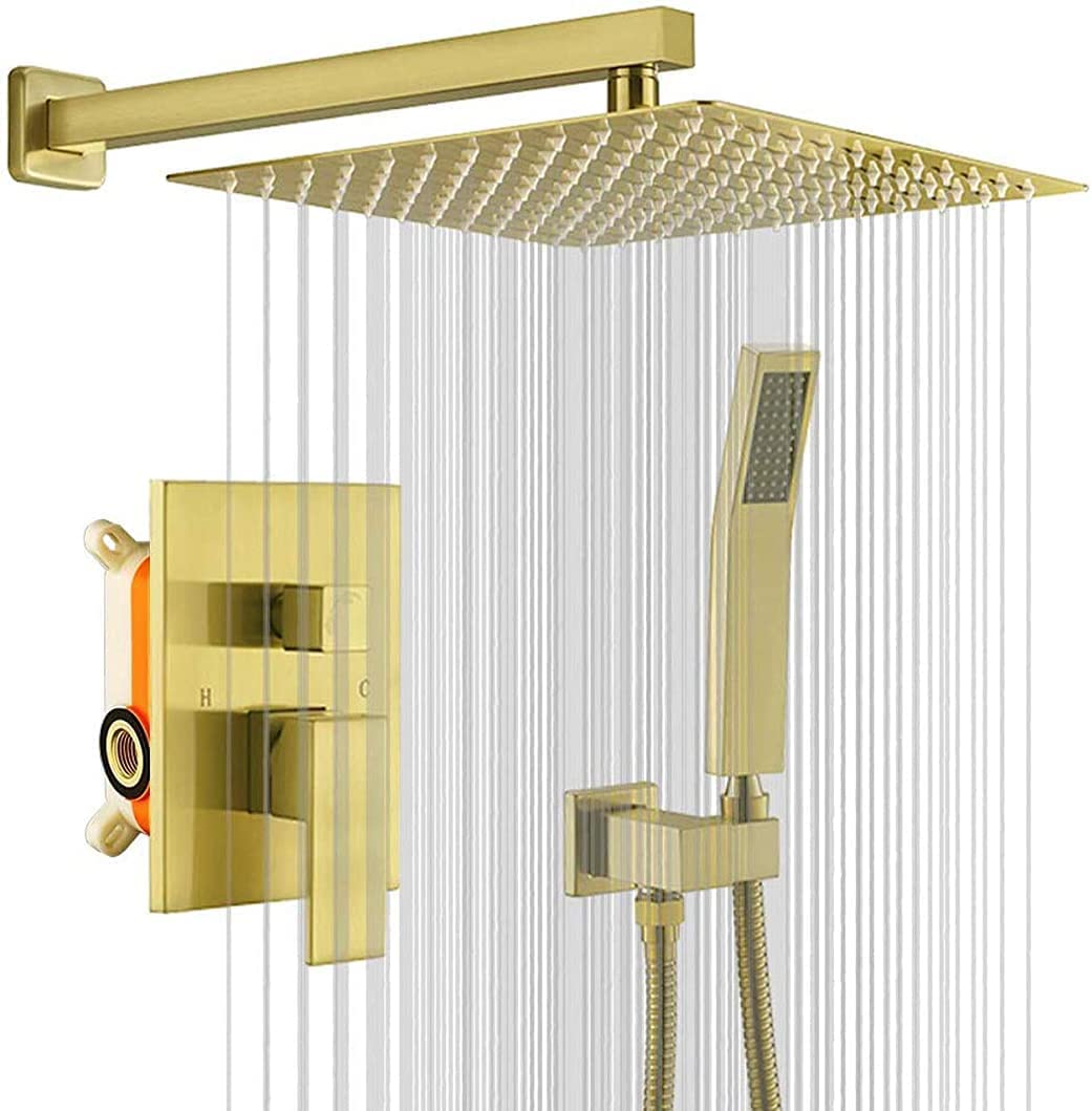Luxury 10-12 Inch Rain Shower Head with Handheld Combo - Brushed Gold Wall Mounted Shower System for Bathroom Spa Experience | Perfect for Master Bath, Guest Bath & Hotel Renovations