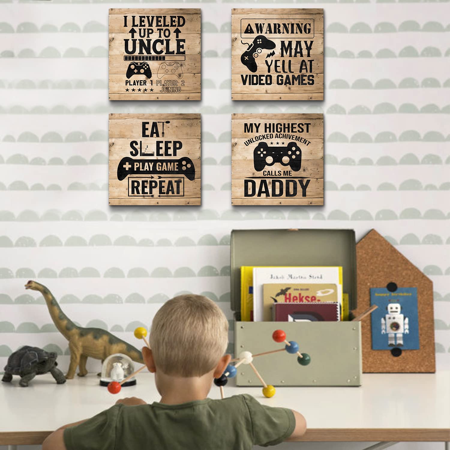 12x12 Inch Gaming Wall Art Set of 4 - Kids Room Decor, Boys Bedroom Canvas Posters, Video Game Themed Nursery Paintings, Farmhouse Style Gamer Playroom Decor - Perfect for Birthday Gifts & Gaming Room Wall Decor