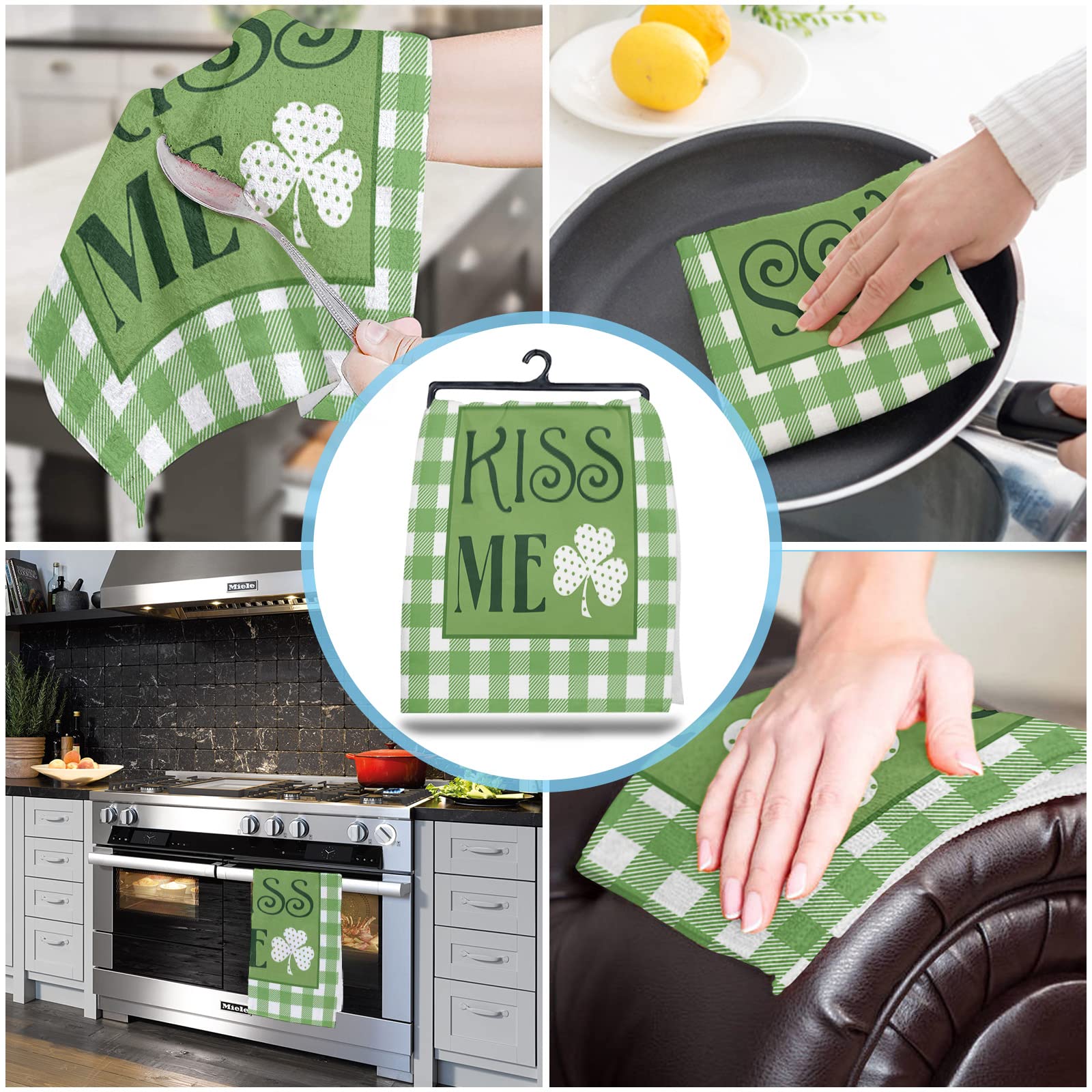 St. Patrick's Day Lucky Clover Shamrock Kitchen Dish Towels - Soft Lightweight Microfiber Absorbent Hand Towels (18x28 Inch) for Kitchen & Bathroom - Green White Check Tea Towels - Perfect for Spring Decor, Irish Themed Parties & Holiday Gift Giving