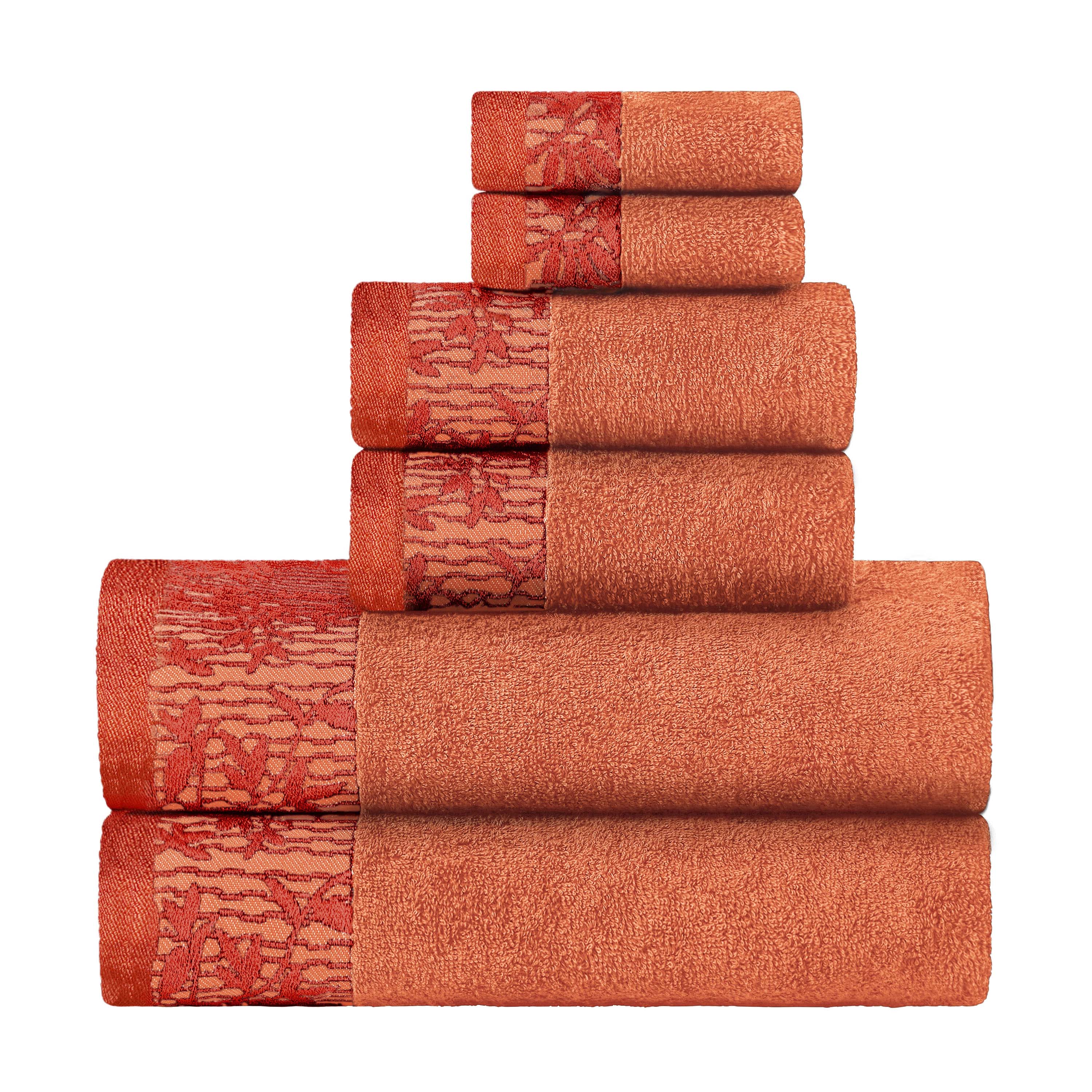 Wisteria Cotton Floral Embroidered Jacquard Border 6-Piece Bath Towel Set - Soft & Absorbent for Spa, Bathroom & Guest Use