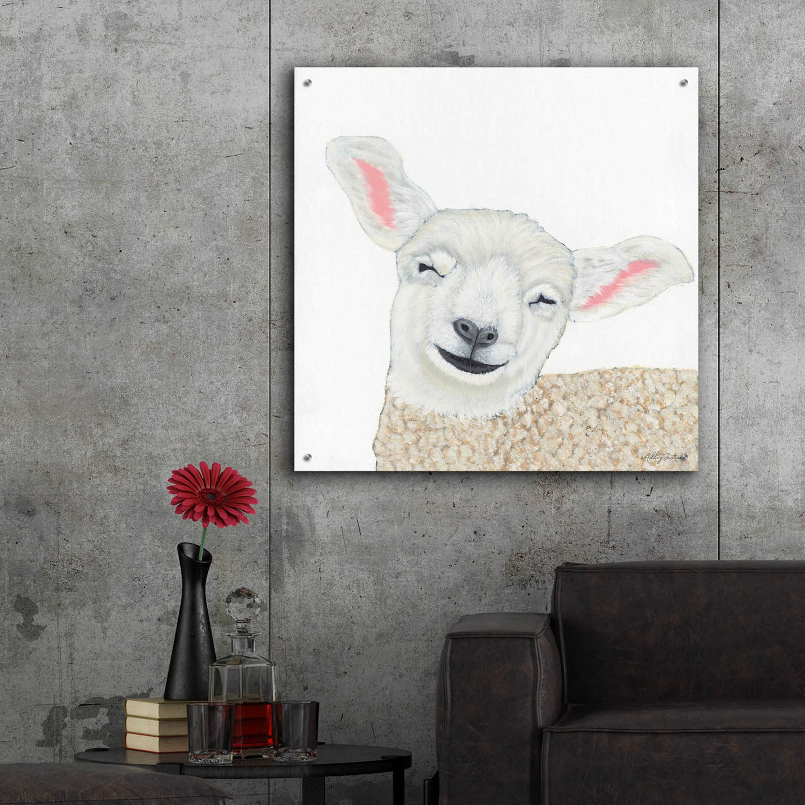 Epic 'Smiling Sheep' Acrylic Glass Wall Art by Ashley Justice - 36x36 Inches Modern Home Decor for Living Room, Bedroom & Office