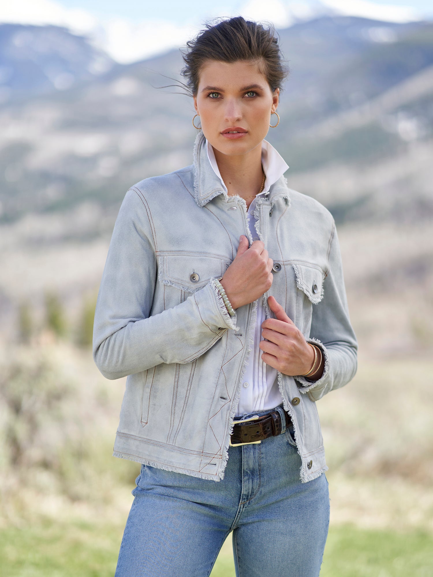 Natalie Waxed Suede Jean Jacket for Women - Vintage Distressed Denim Jacket with Faux Leather Trim - Perfect for Casual Outfits, Fall Layering & Outdoor Adventures