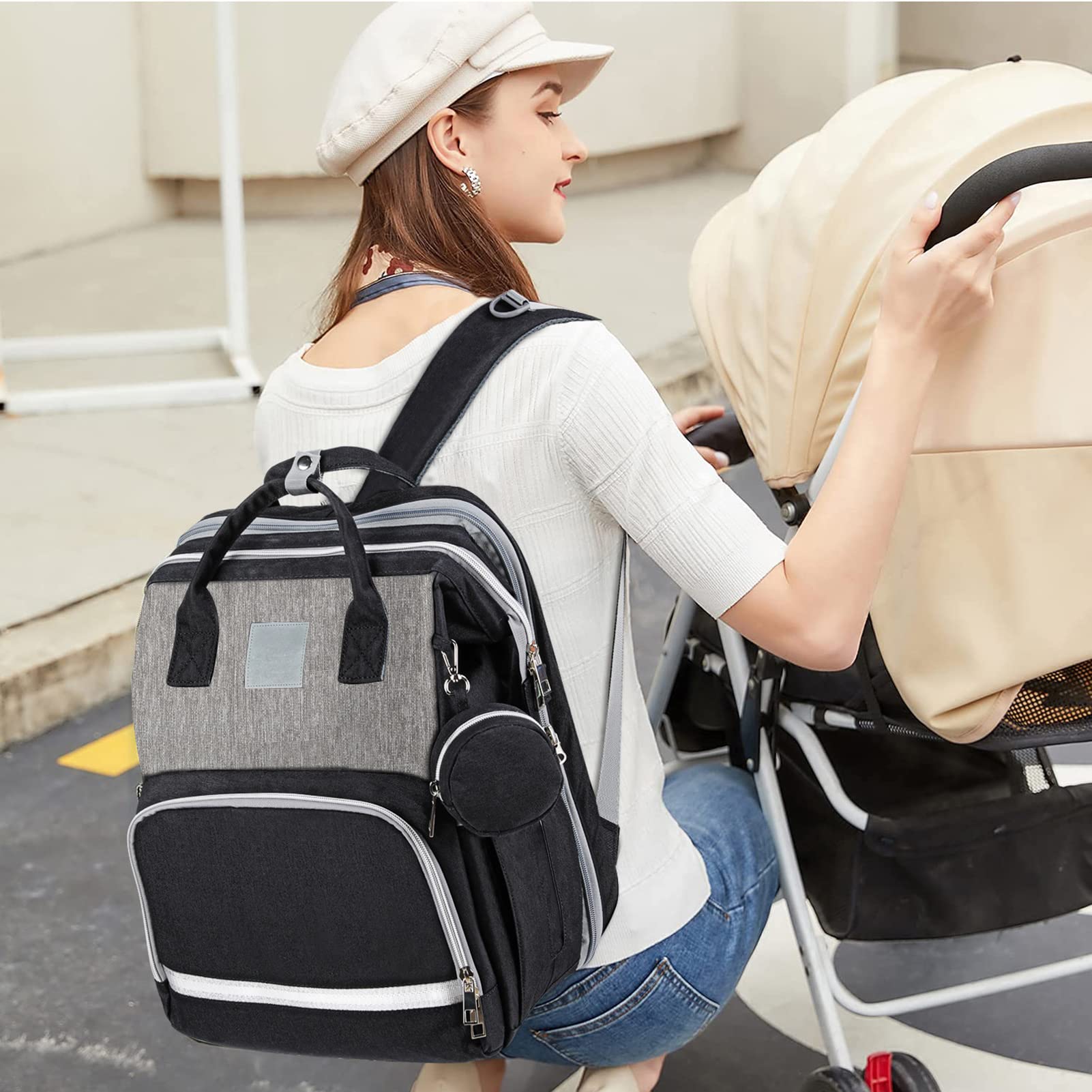 **Large Expandable Diaper Backpack for Moms - Multifunctional Travel Baby Bag with High Capacity, Waterproof & Stylish (Grayish Black) - Perfect for Day Trips, Air Travel & Baby Essentials Organization**