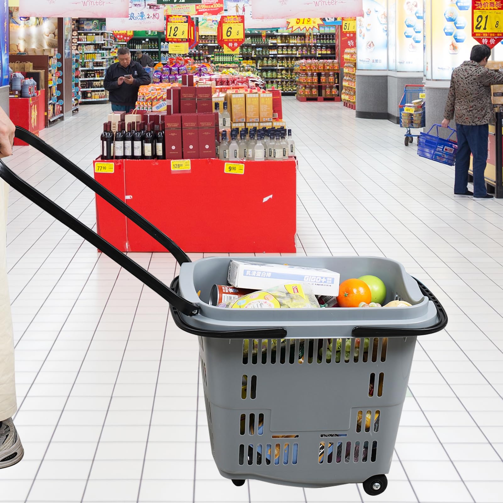 Saedy 6-Pack Large Rolling Shopping Baskets with Wheels - 50L Gray Plastic Grocery Baskets for Supermarkets, Retail Stores & Home Organization
