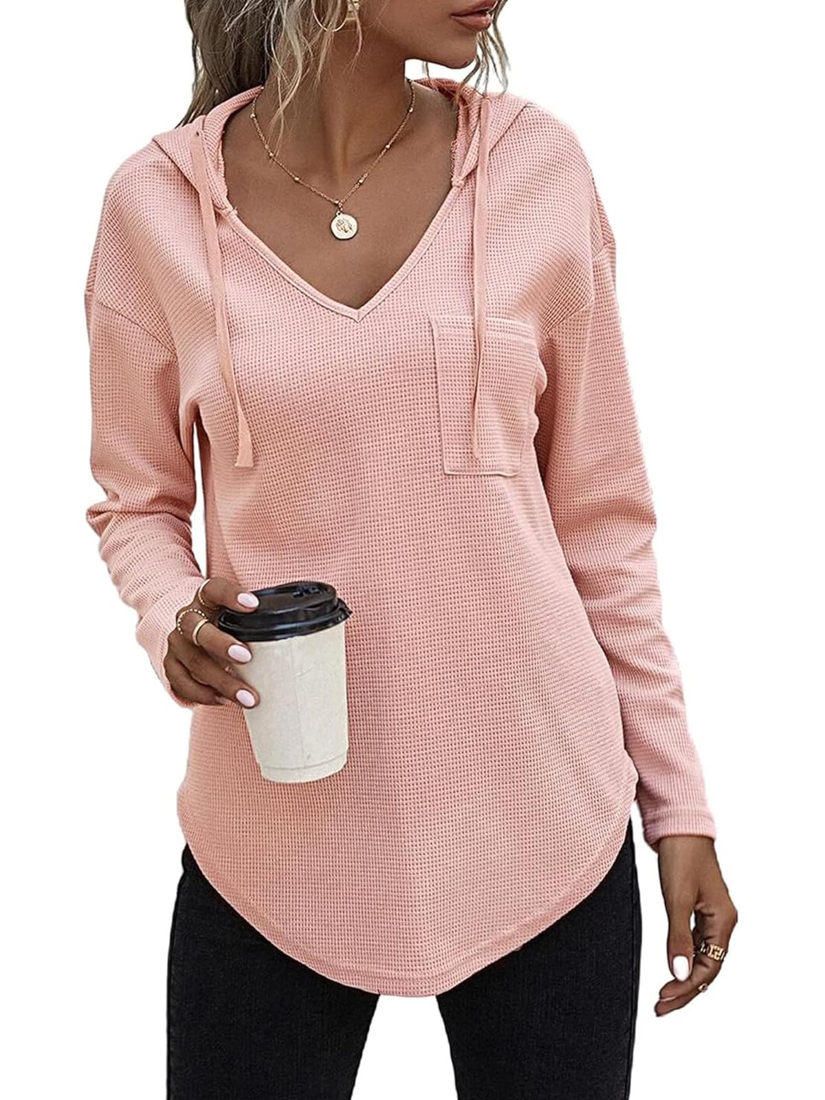 Eniloyal Women's Waffle Knit Hoodie - Long Sleeve V-Neck Pullover Sweatshirt with Pockets | Trendy Fall Fashion for Casual Wear, Outdoor Activities & Layering