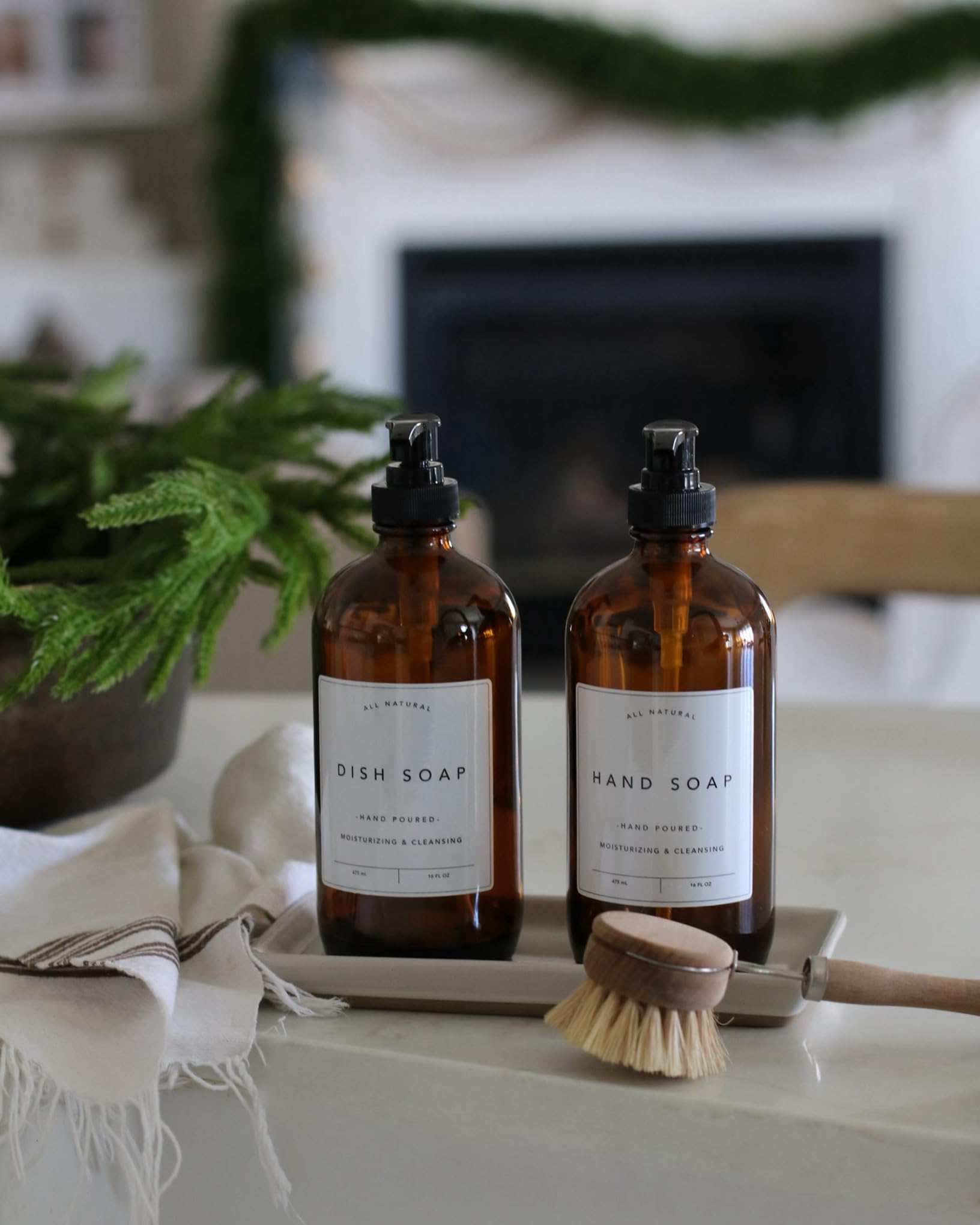 Modern Glass Hand & Dish Soap Dispenser Set - 2 Pack Amber Apothecary Style with Attached Labels | Elegant Kitchen Countertop Organizer for Bathroom, Kitchen Sink & Laundry Room