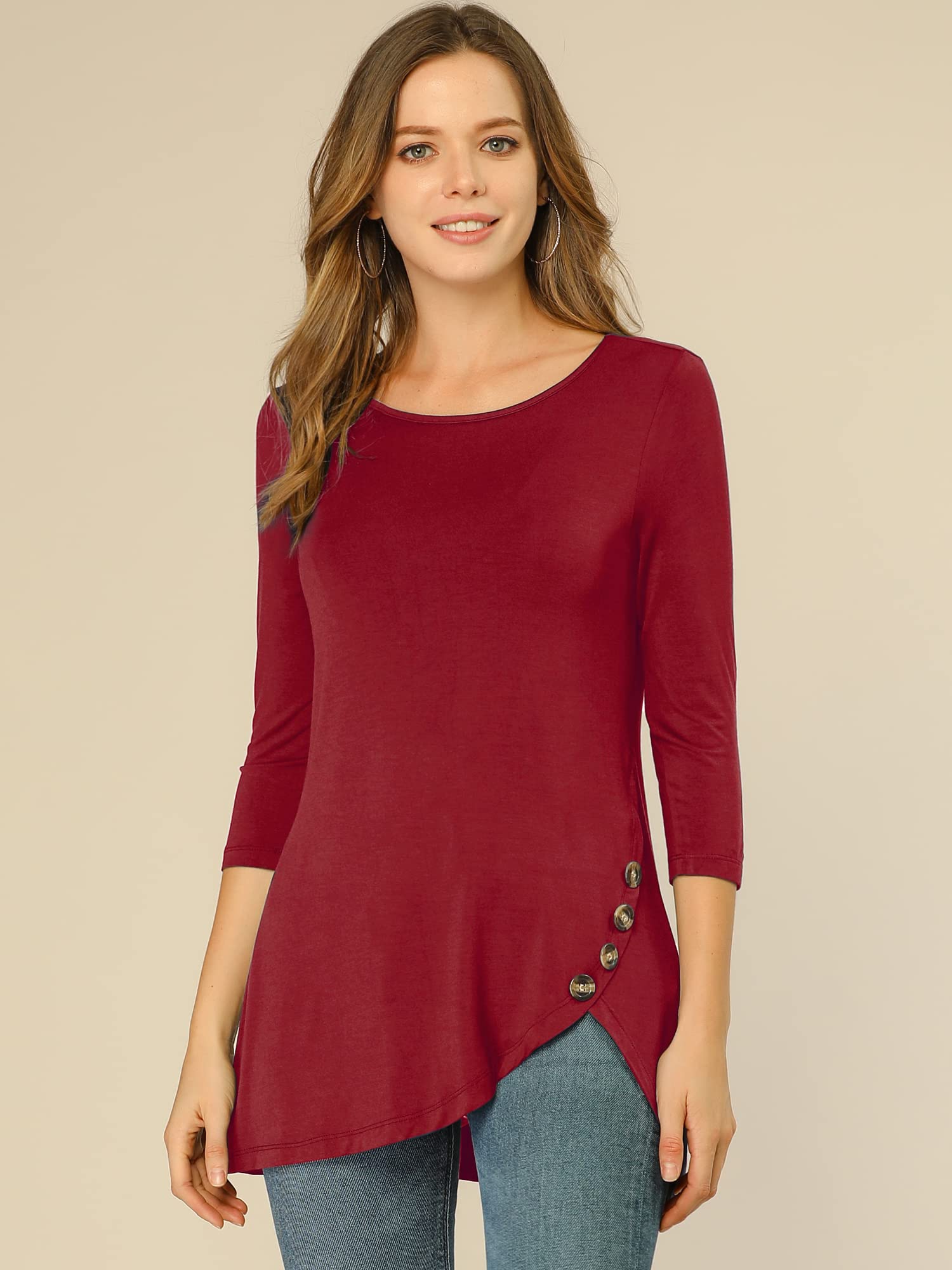 Allegra K Women's Loose Asymmetrical Hem Tunic T-Shirt - 3/4 Sleeve Round Neck Casual Basic Top for Spring 2025 | Perfect for Work, Weekend Outfits & Layering