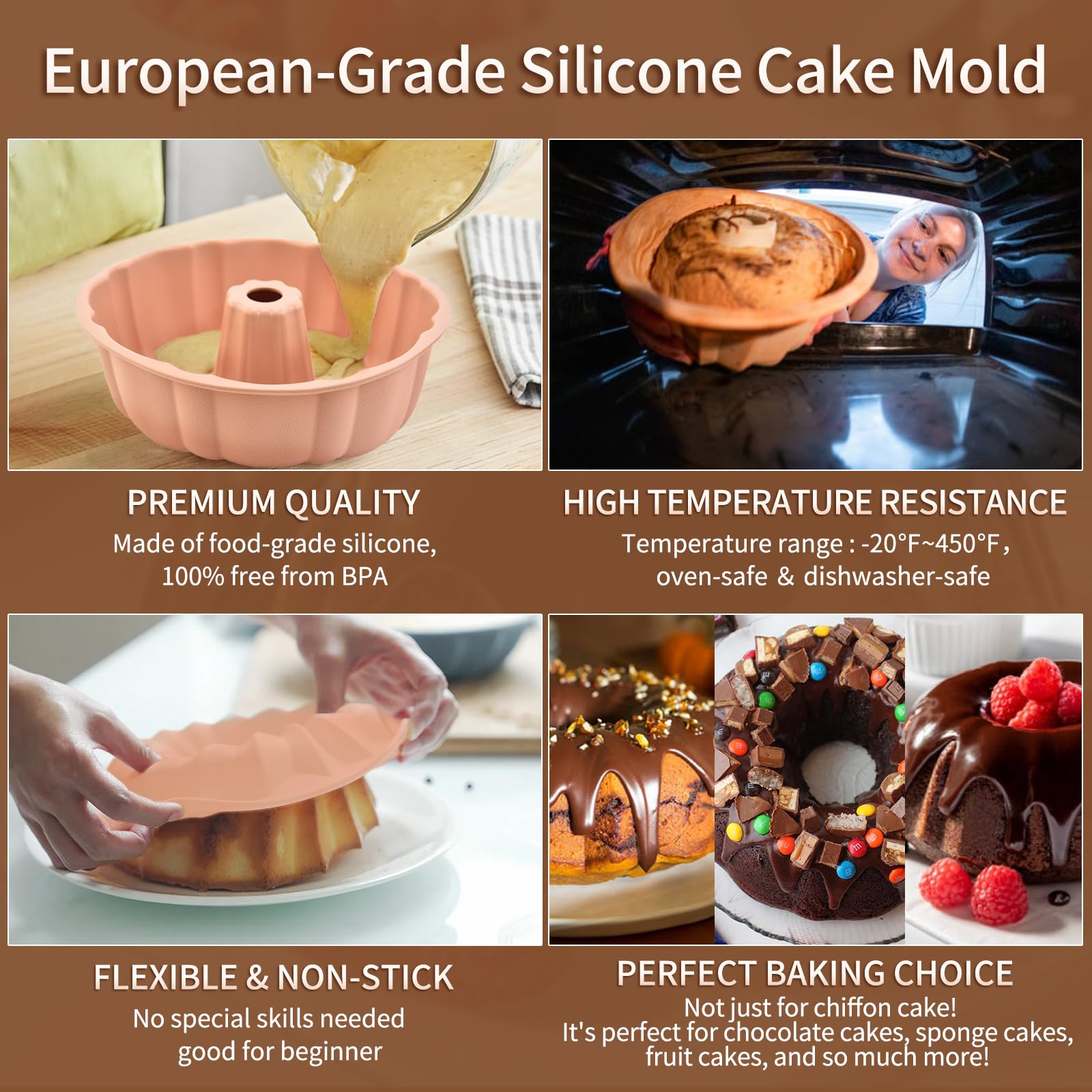 2 Pack 10 Inch Nonstick Silicone Bundt Cake Pan Set - Pound Cake Mold for Baking Jello, Gelatin, Brownies & Bread (Red + Grey) | Perfect for Holiday Desserts, Birthday Cakes & Party Treats