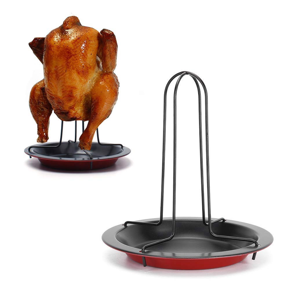Premium Carbon Steel Chicken Roaster Holder - Heavy Duty Roasting Rack with Drip Pan for Oven, Grill & Camping - Perfect for BBQ, Thanksgiving Turkey & Outdoor Cooking