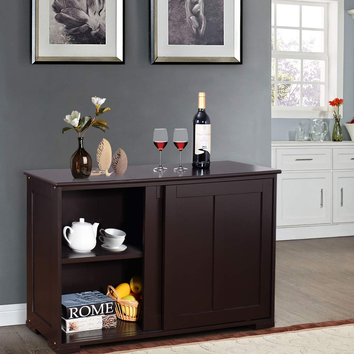 Costzon Wooden Sideboard Buffet Cabinet with Adjustable Shelf & Sliding Barn Door - Kitchen Storage Cabinet, Coffee Bar Console Table for Living Room, Dining Room, Hallway - Perfect for Home Organization & Entertaining Guests