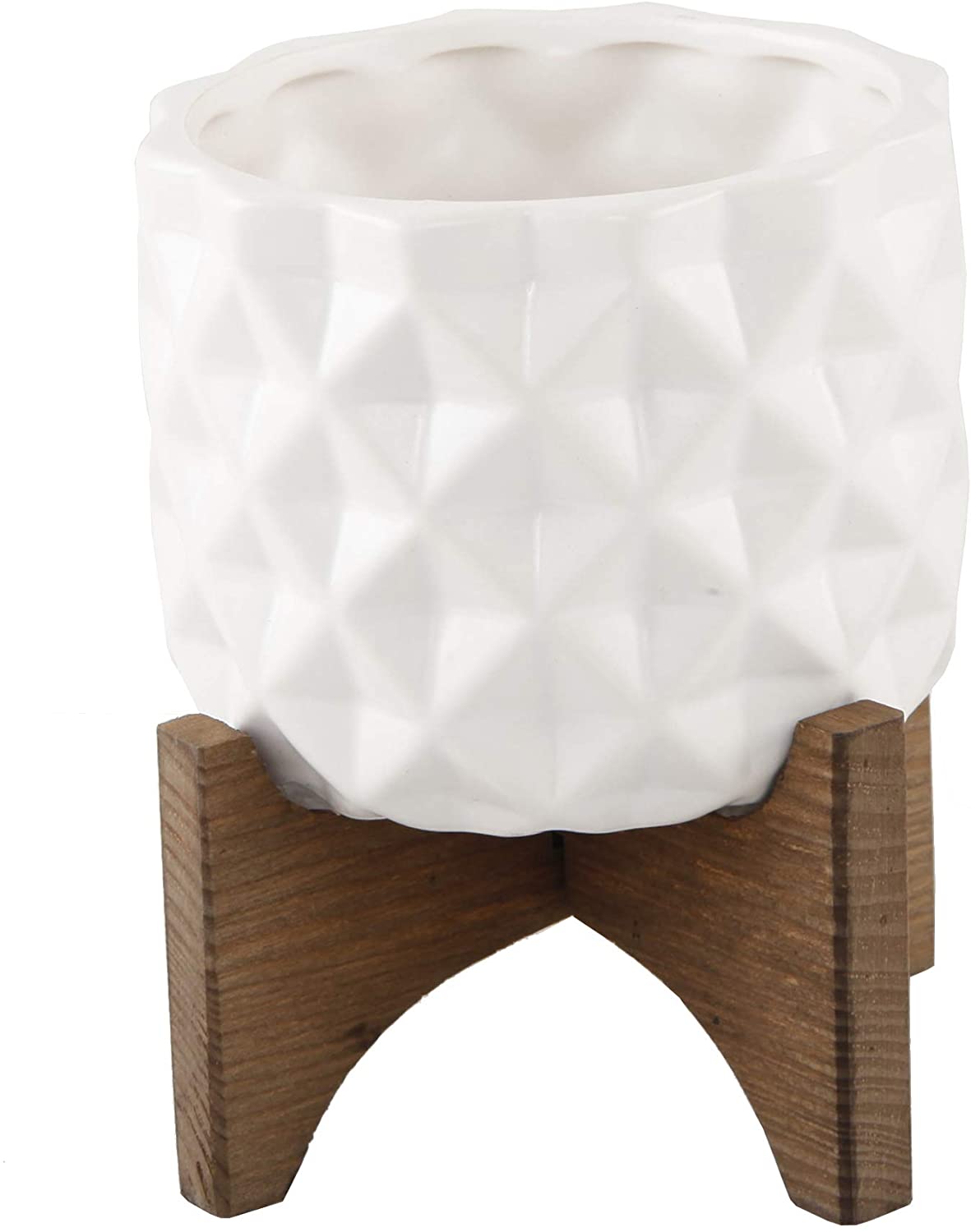 Mid Century Ceramic Vase with DIMPLE Pattern - 5 Inch Matte White Floral Vase on Wooden Stand | Perfect for Home Decor, Wedding Centerpieces & Boho Chic Interior Design