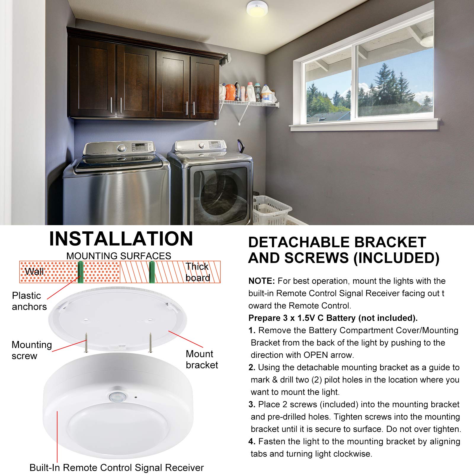 BIGMONAT Wireless LED Shower Light - Battery Powered Ceiling Light with Remote & Motion Sensor - Dimmable Bathroom & Closet Light (250 Lumens, 4.8 Inches) - Perfect for Nighttime Bathroom Visits, Walk-in Closets, and Safe Stairway Lighting