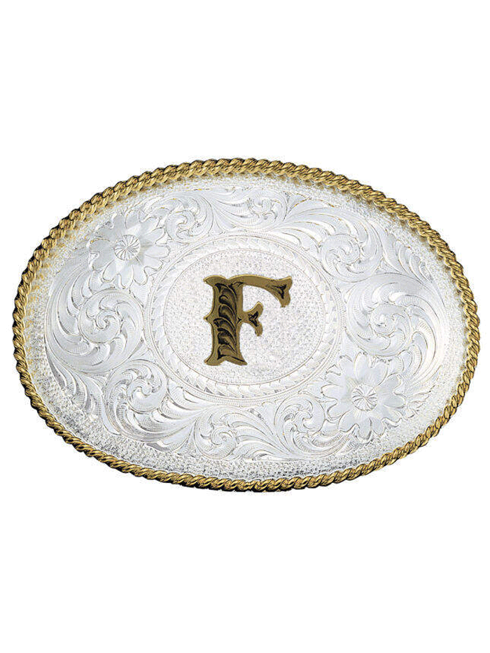 Montana Silversmiths 700 Initial Silver Engraved Gold Trim Western Belt Buckle for Men & Women - Perfect for Cowboy Boots, Jeans & Western Outfits