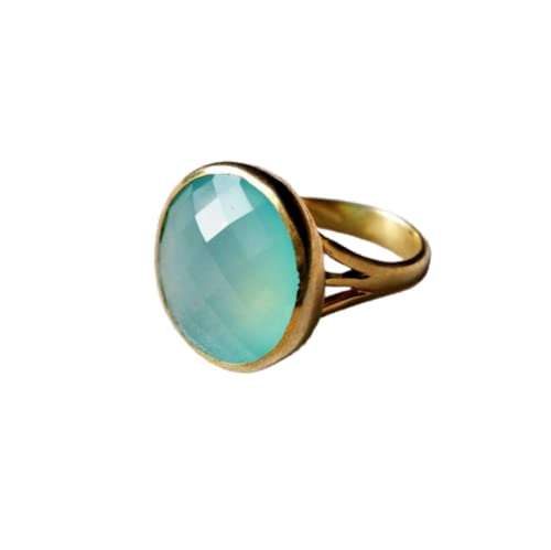 Natural Aqua Chalcedony Ring - 925 Sterling Silver & Yellow Gold Statement Jewelry | Handmade March Birthstone Ring with Checkerboard Cut | Perfect for Weddings, Gifts & Everyday Elegance