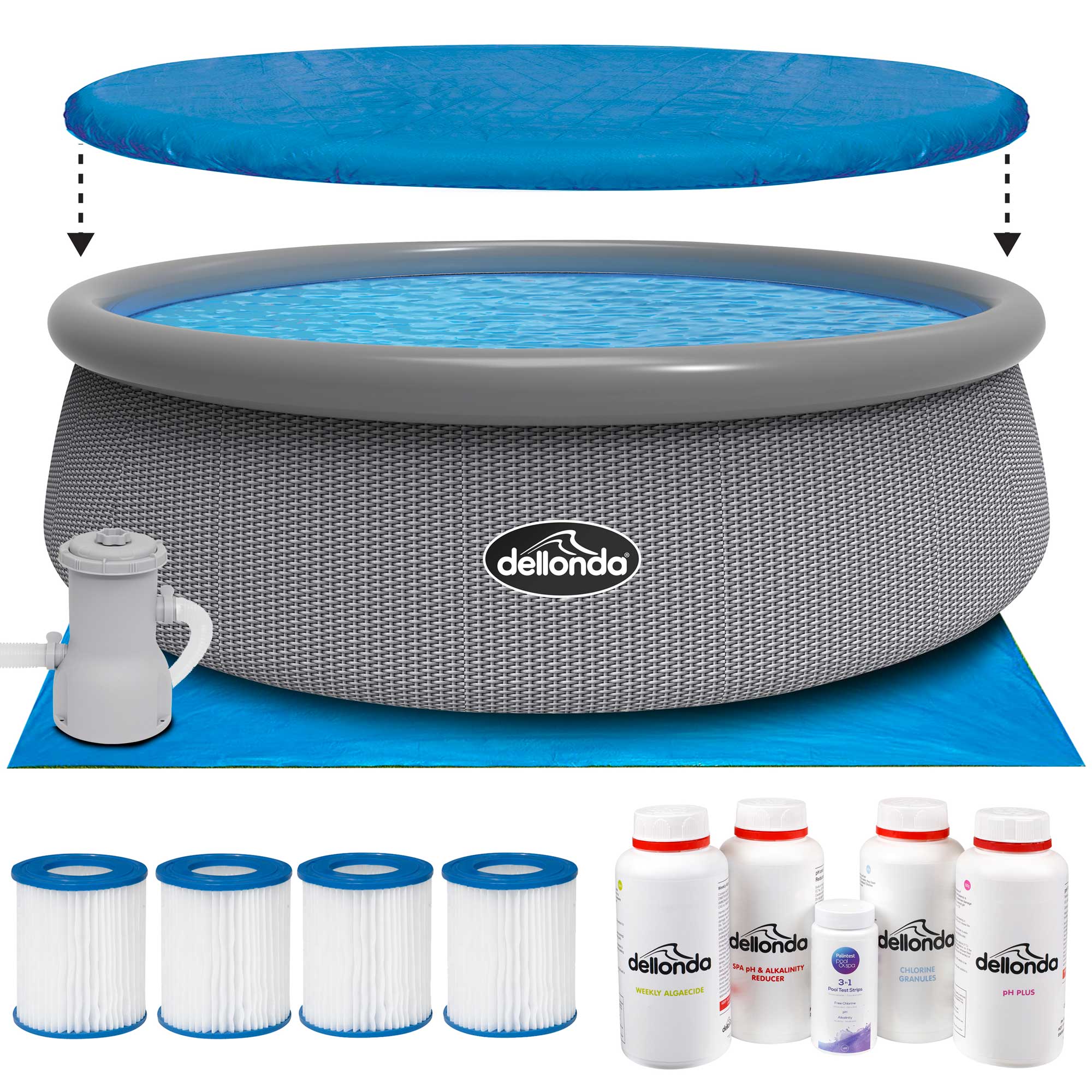 15ft Inflatable Swimming Pool Round with Pump, Cover & Repair Kit - Grey Rattan Design DL136 - Perfect for Backyard, Family Gatherings & Summer Fun