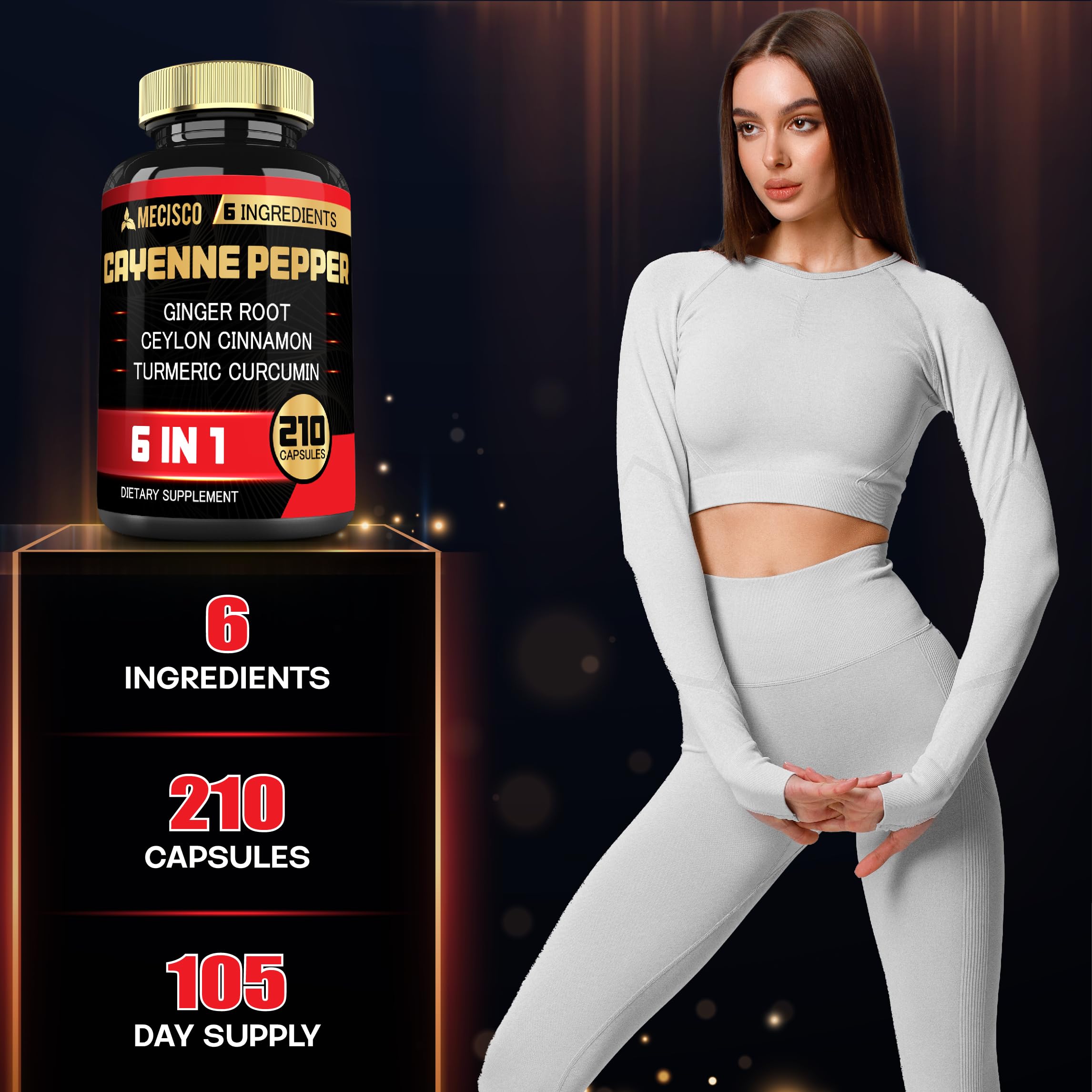 6-in-1 Cayenne Pepper Extract Capsules with Organic Turmeric Curcumin, Black Pepper & Ginger - Supports Digestion, Heart Health, Immunity & Joint Function - 210 Vegan Capsules - Perfect for Daily Wellness & Active Lifestyle