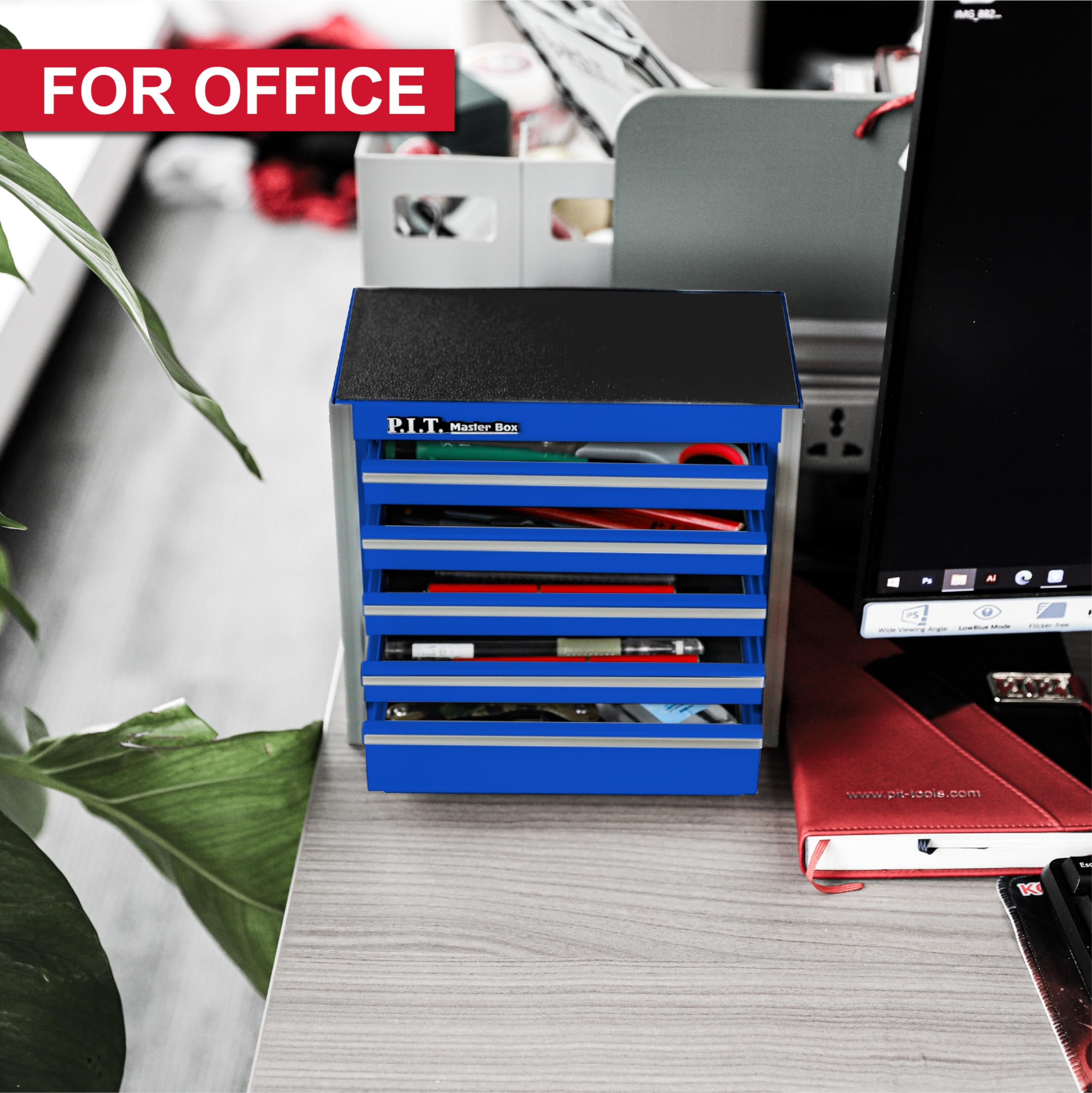 P.I.T. Mini Blue 5-Drawer Steel Tool Box - Portable Stackable Tool Storage Case with Liner for Home DIY, Garage & Workshop Organization - Perfect for Mechanics, Handymen & Craft Enthusiasts